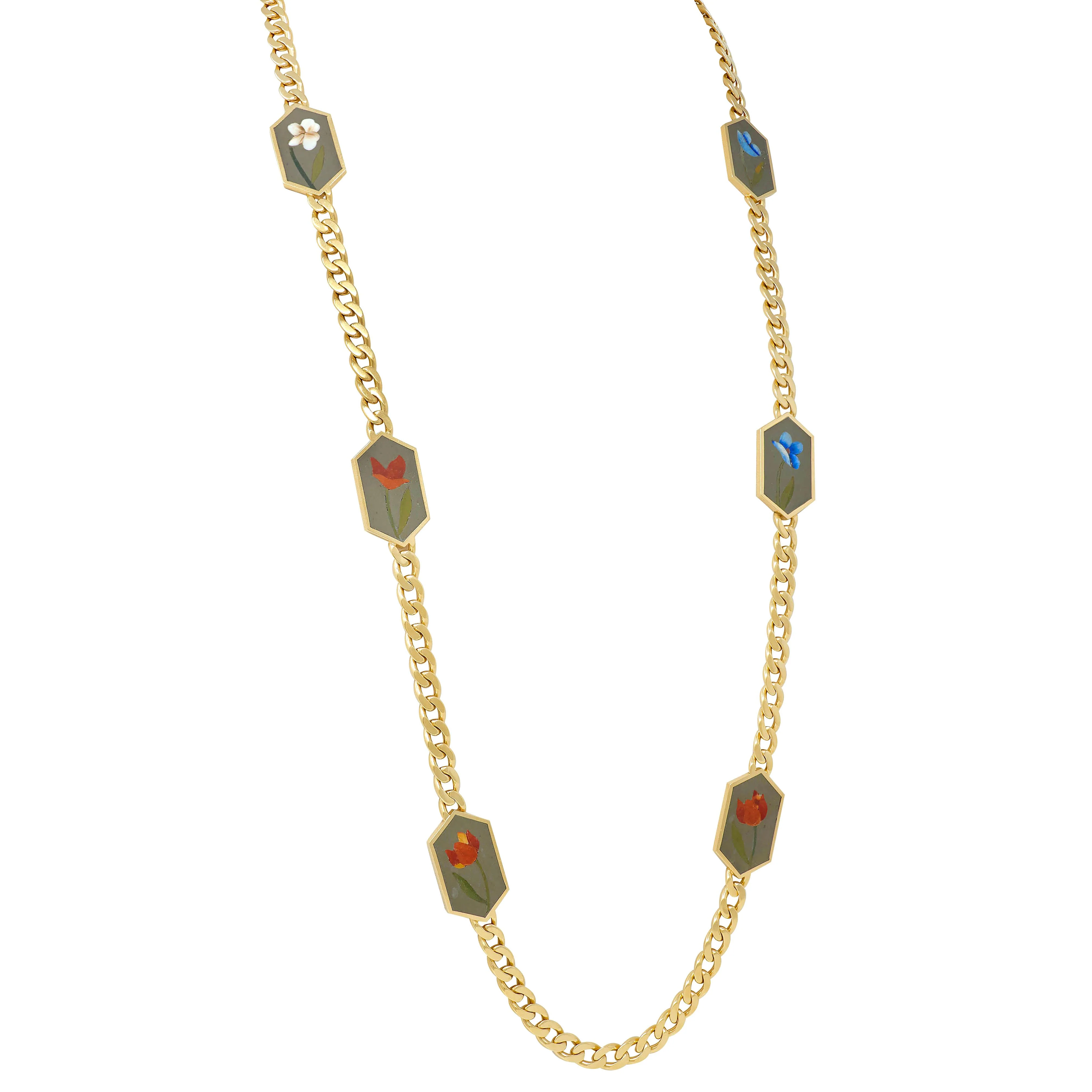 Bulgari 1970's Inlay Multi-Gem 18 Karat Yellow Gold Vintage Curb Link Chain Floral Station Necklace - Image 6
