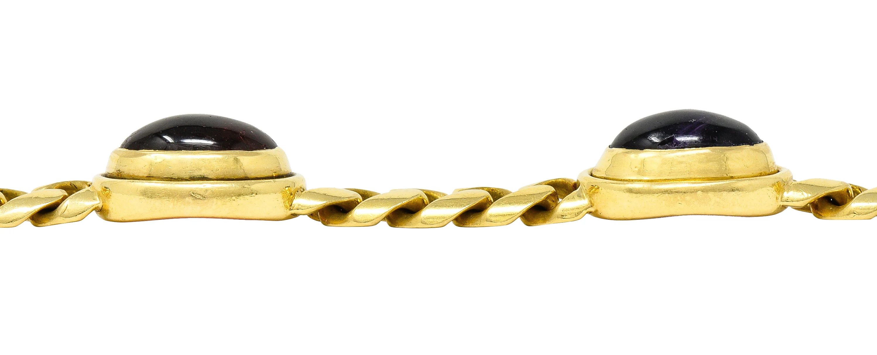 Bulgari 1980's Amethyst Tourmaline Cabochon 18 Karat Yellow Gold Curb Link Vintage Unisex Bracelet - Image 8