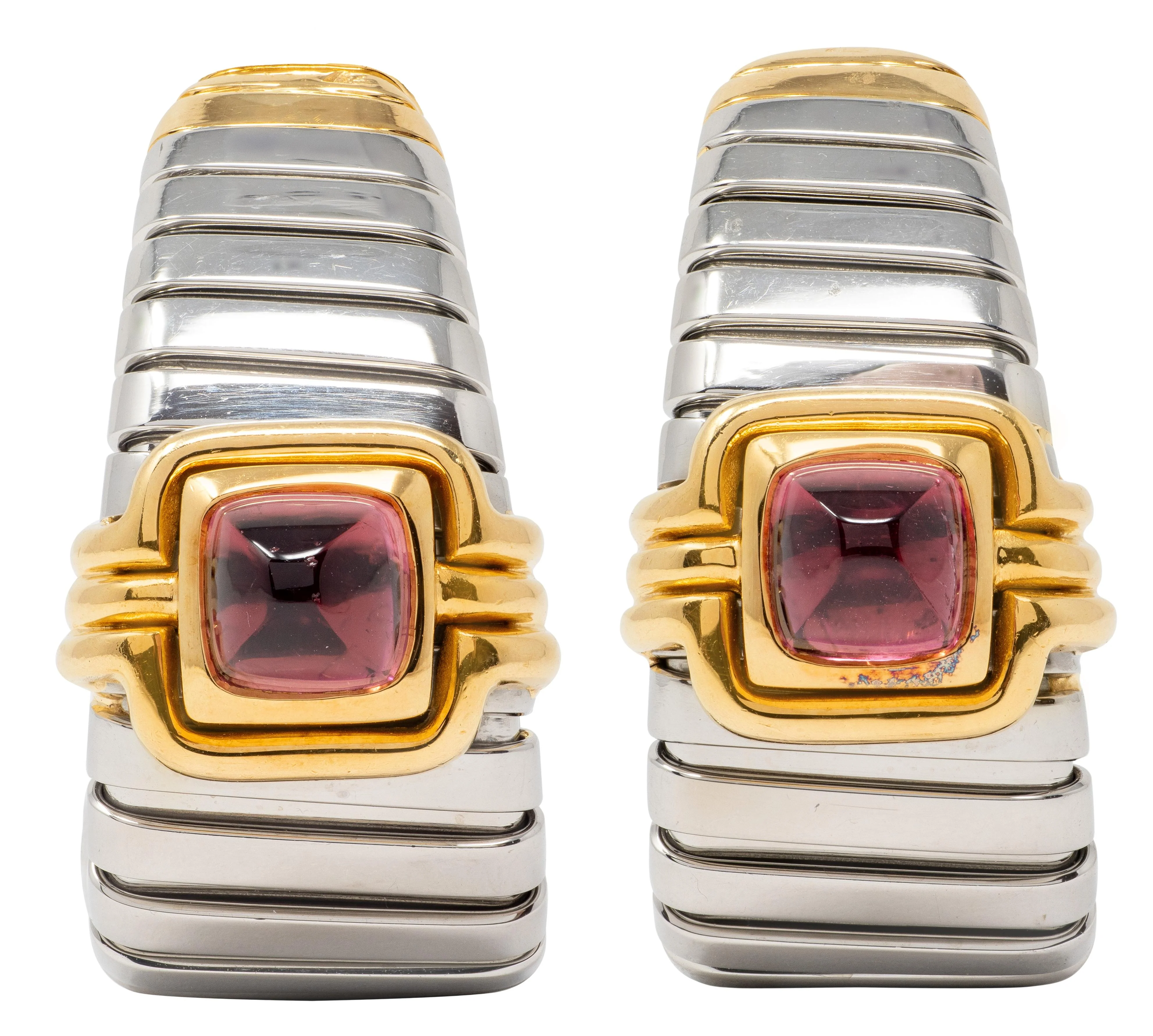 Bulgari 1980's Tourmaline 18 Karat Yellow Stainless Steel Vintage Tubogas Serpenti J-Hoop Ear-Clip Earrings
