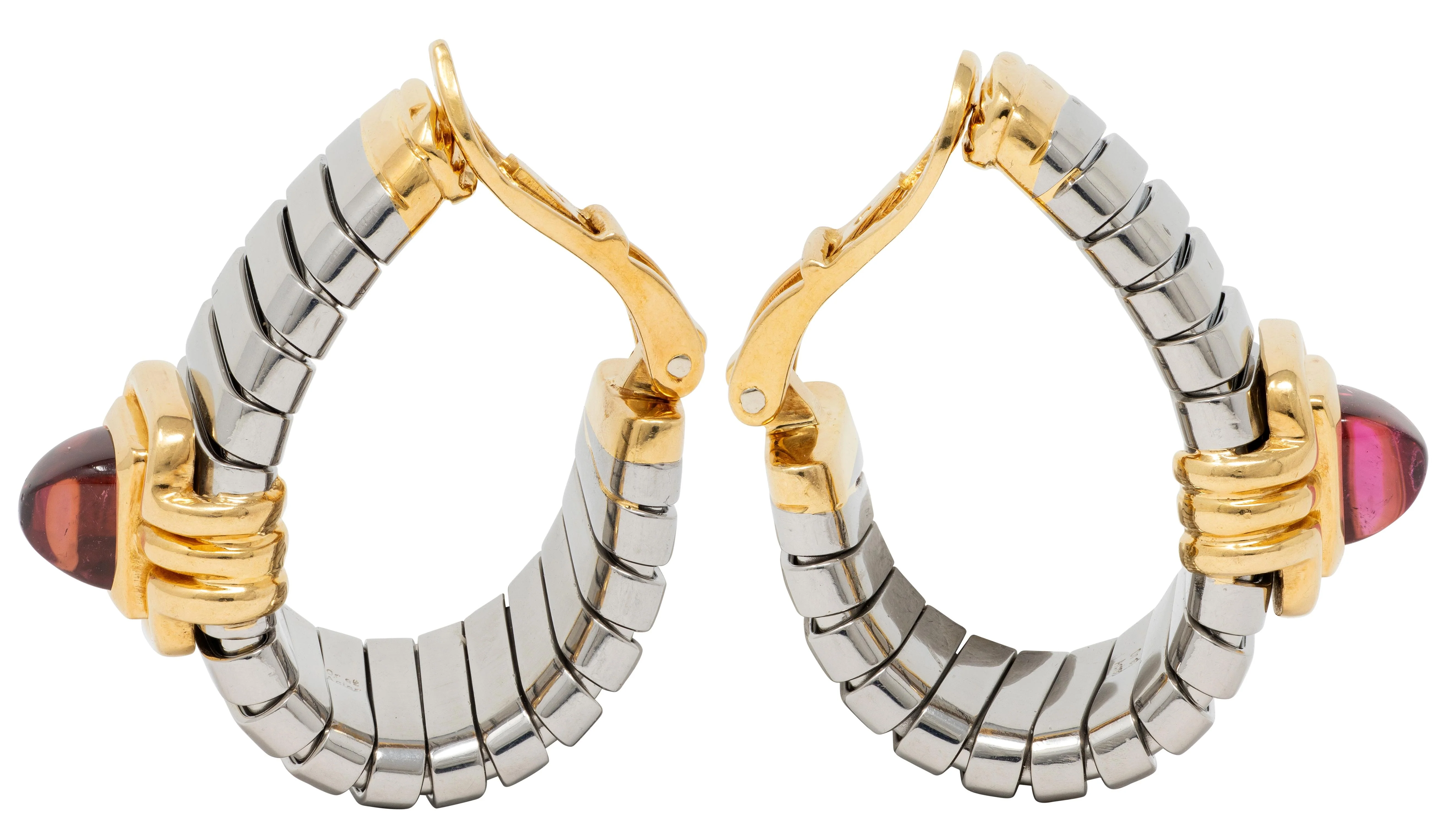 Bulgari 1980's Tourmaline 18 Karat Yellow Stainless Steel Vintage Tubogas Serpenti J-Hoop Ear-Clip Earrings - Image 4