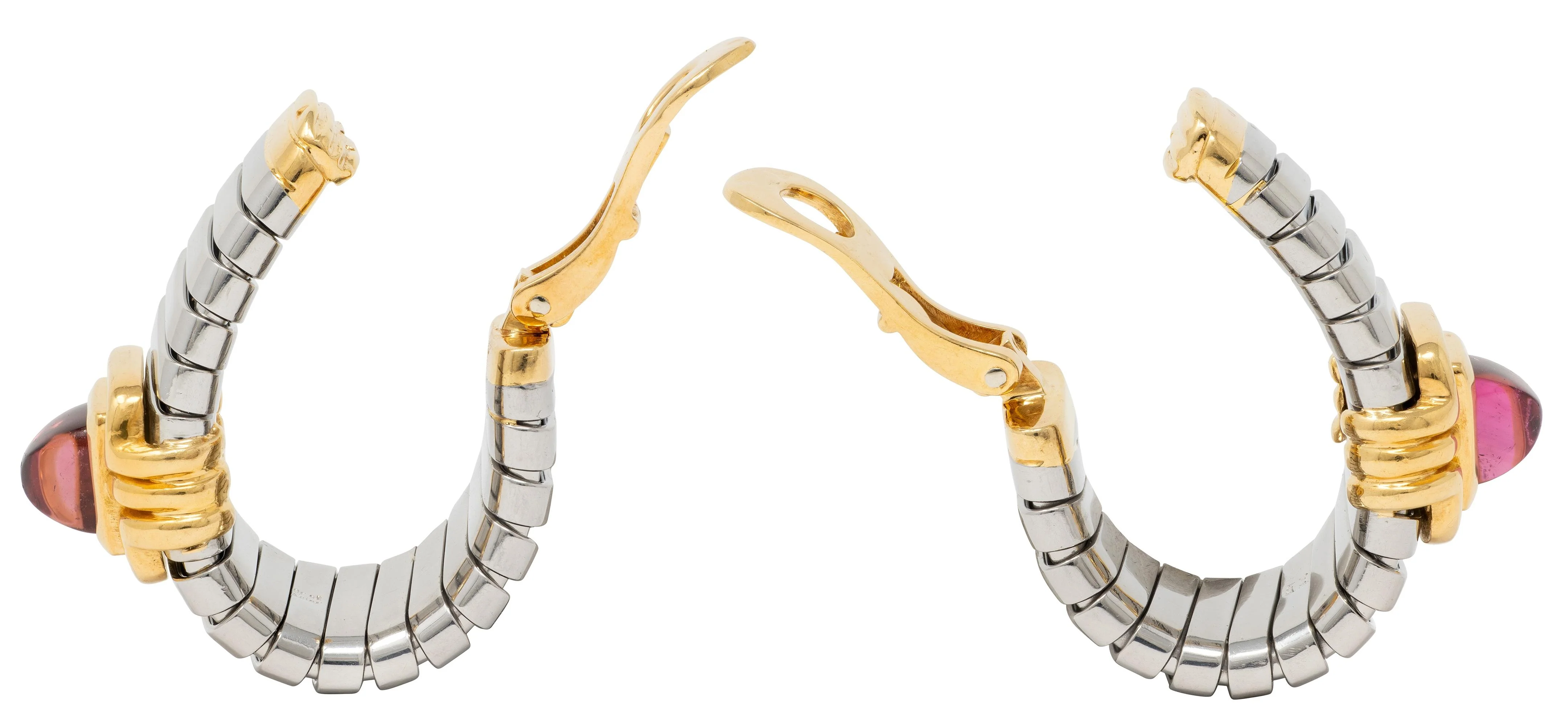 Bulgari 1980's Tourmaline 18 Karat Yellow Stainless Steel Vintage Tubogas Serpenti J-Hoop Ear-Clip Earrings - Image 6