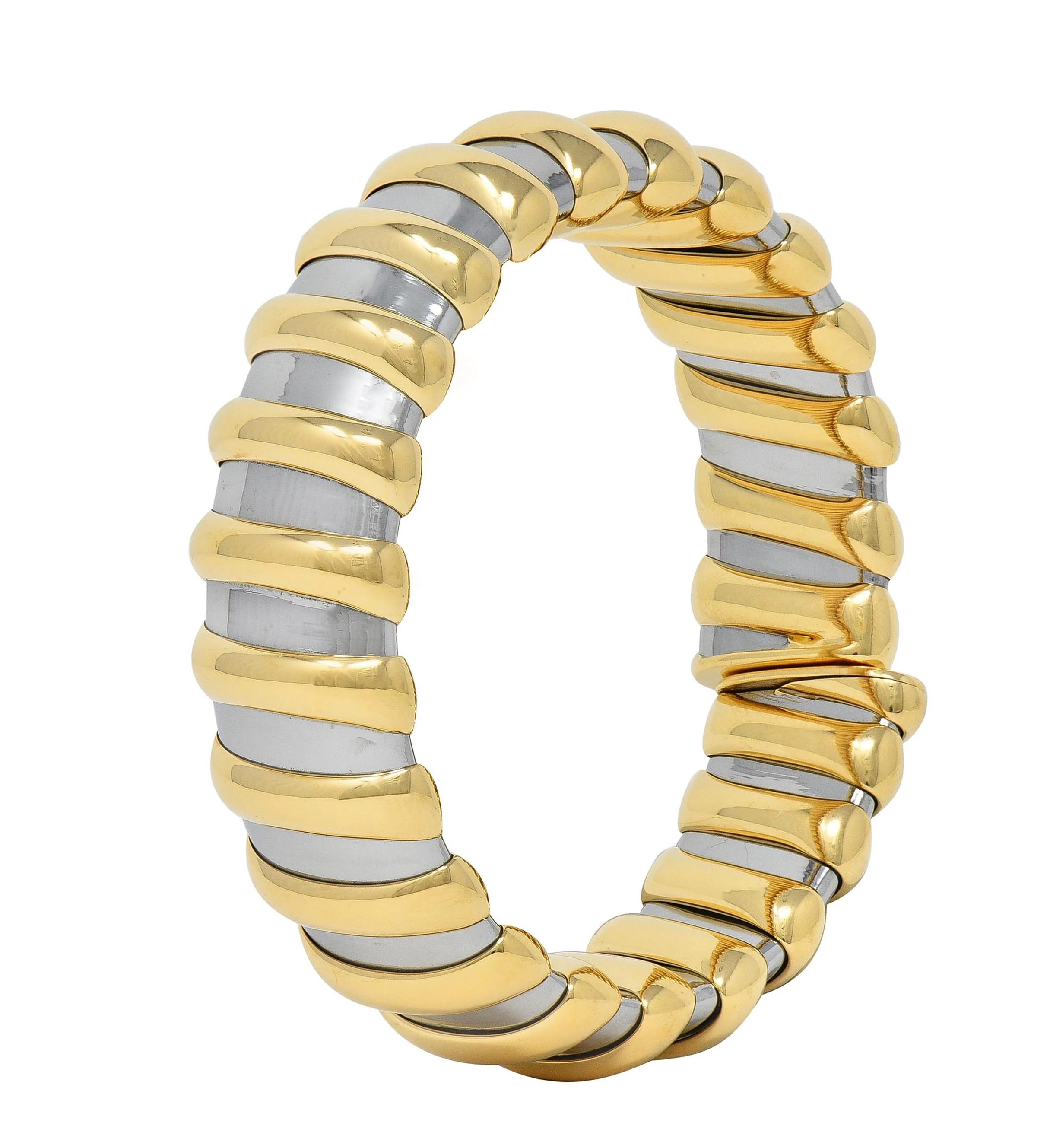 Bulgari 1990s 18 Karat Yellow Gold Stainless Steel Tubogas Vintage Cuff Bracelet - Image 2