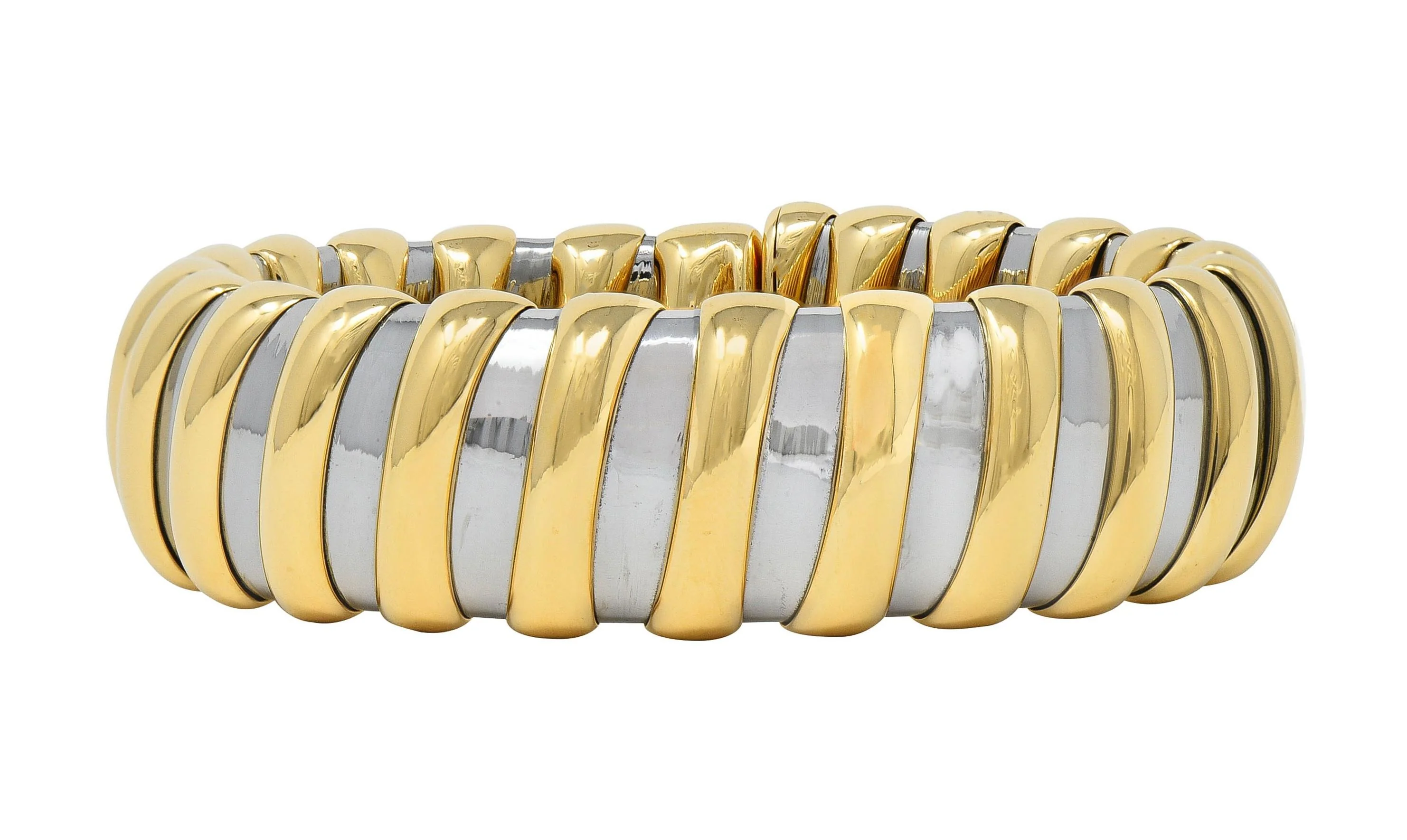 Bulgari 1990s 18 Karat Yellow Gold Stainless Steel Tubogas Vintage Cuff Bracelet - Image 3