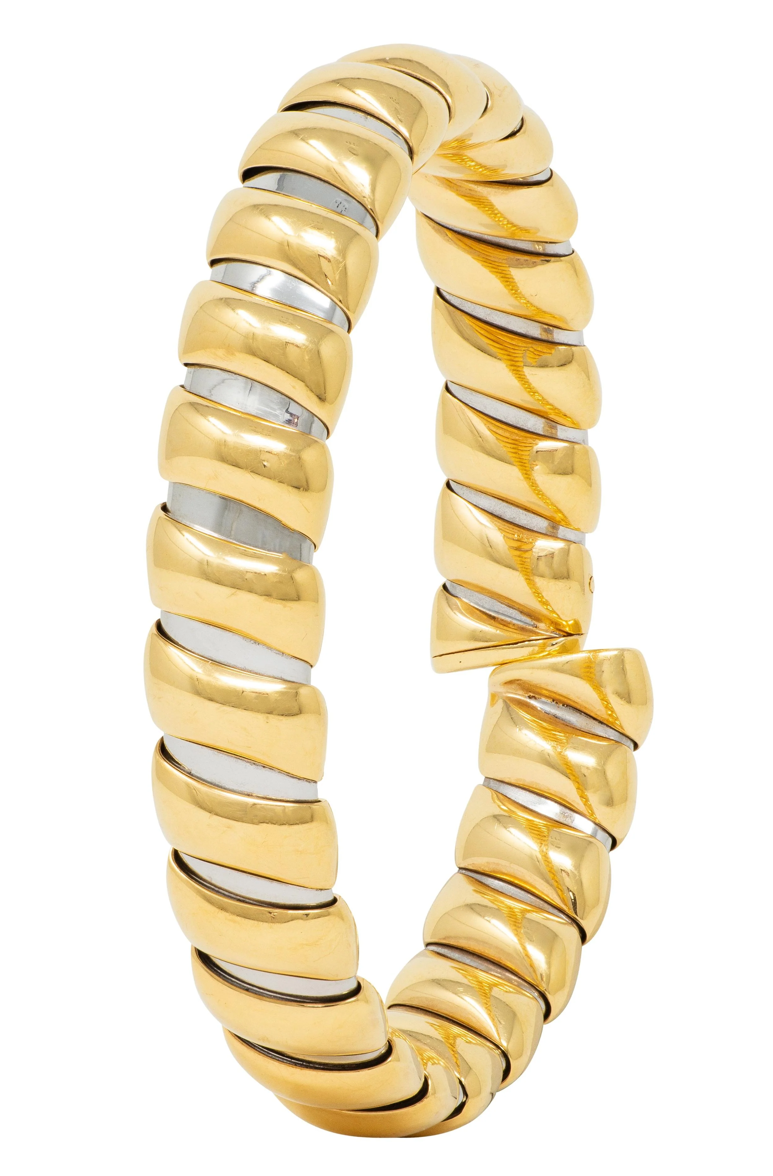 Bulgari 1990's 18 Karat Yellow Gold Stainless Steel Tubogas Vintage Cuff Bracelet - Image 3