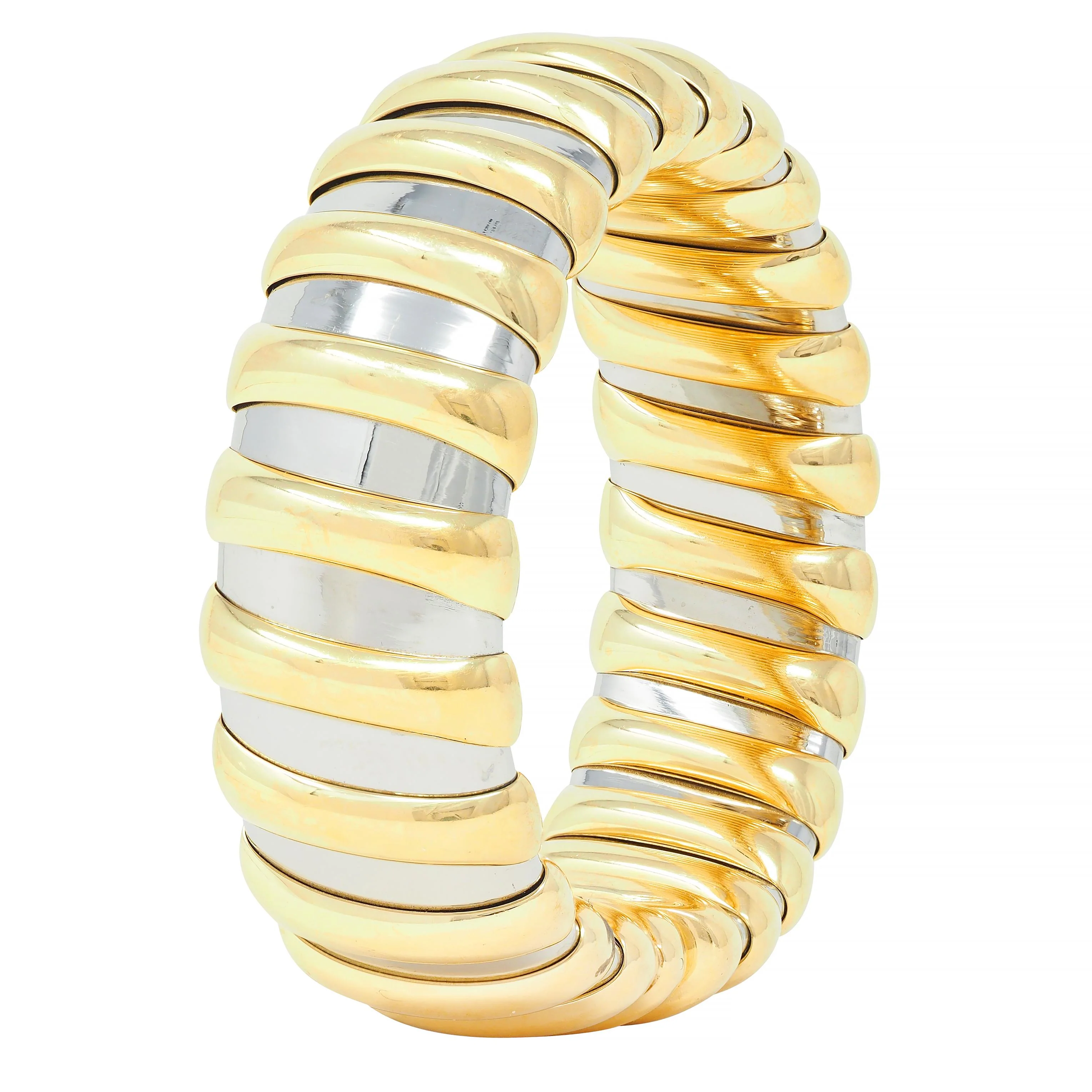 Bulgari 1990s 18 Karat Yellow Gold Stainless Steel Tubogas Vintage Cuff Bracelet - Image 5