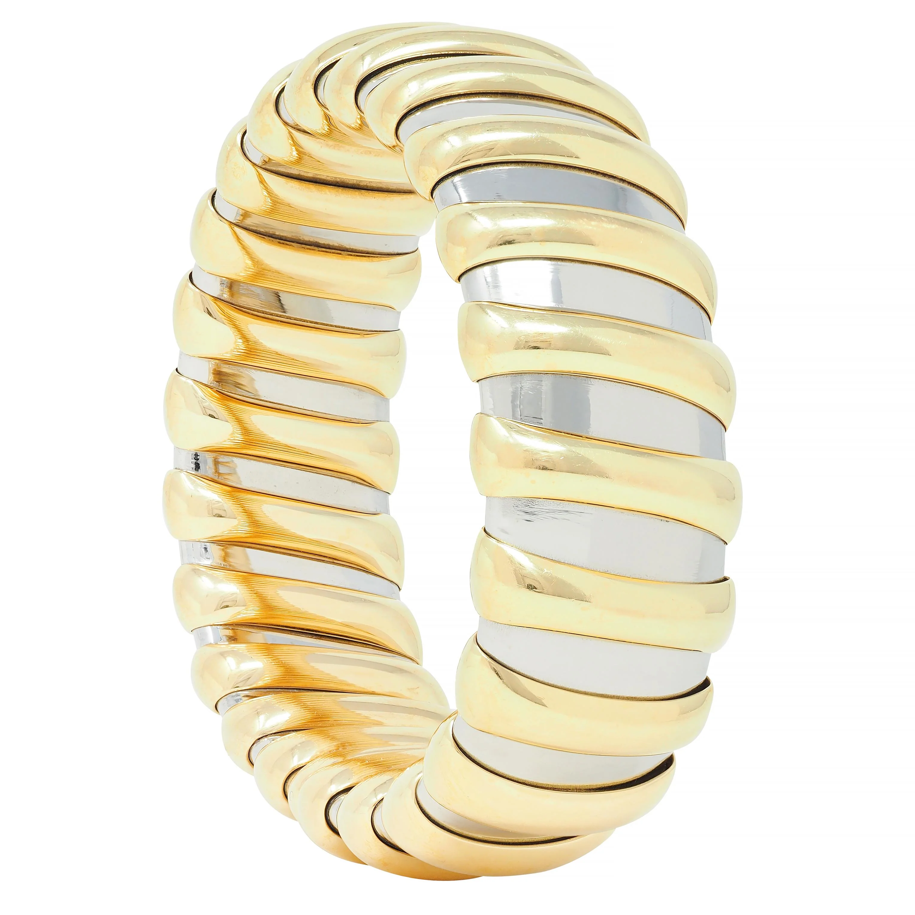 Bulgari 1990s 18 Karat Yellow Gold Stainless Steel Tubogas Vintage Cuff Bracelet - Image 7