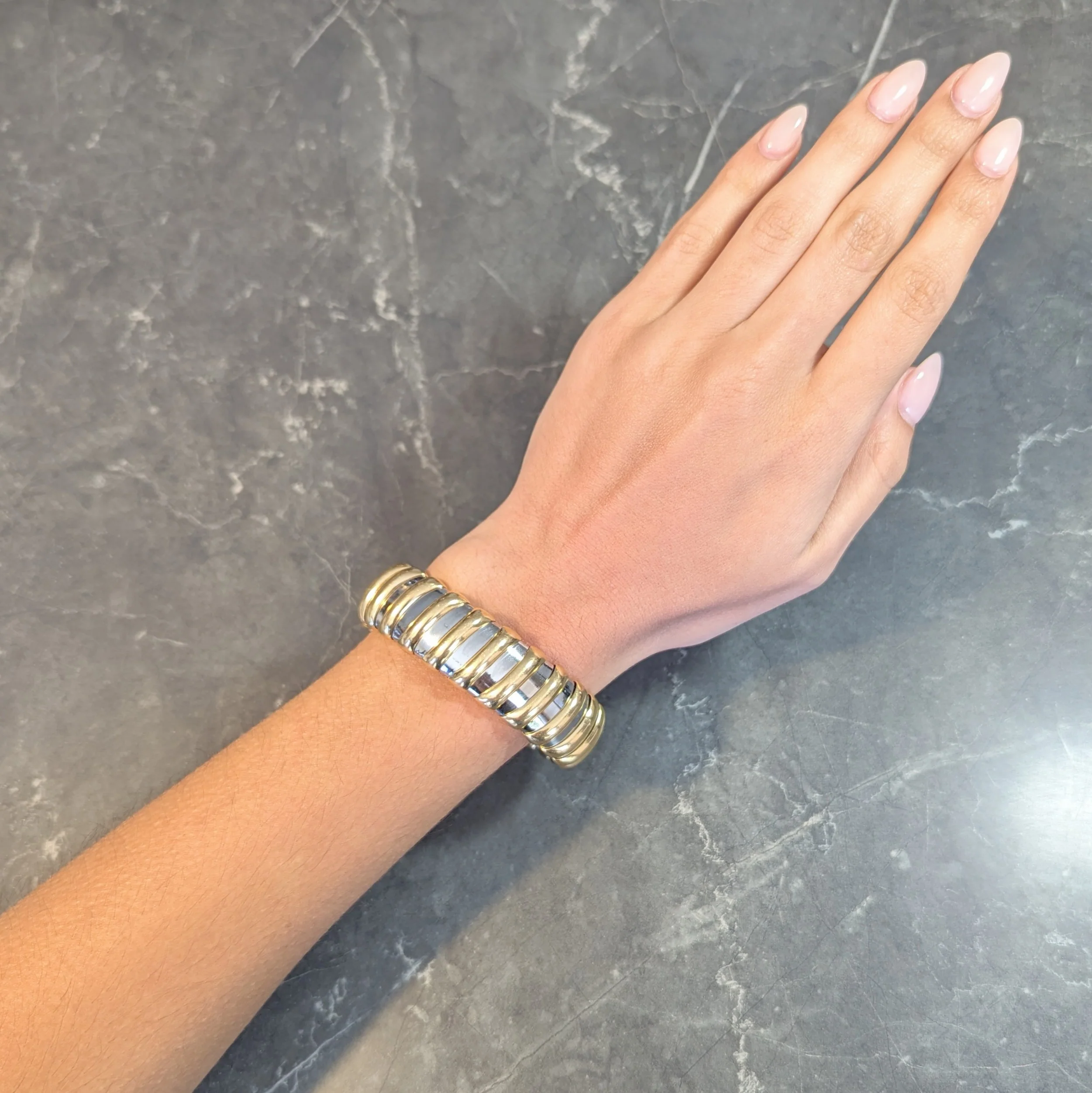 Bulgari 1990s 18 Karat Yellow Gold Stainless Steel Tubogas Vintage Cuff Bracelet - Image 9