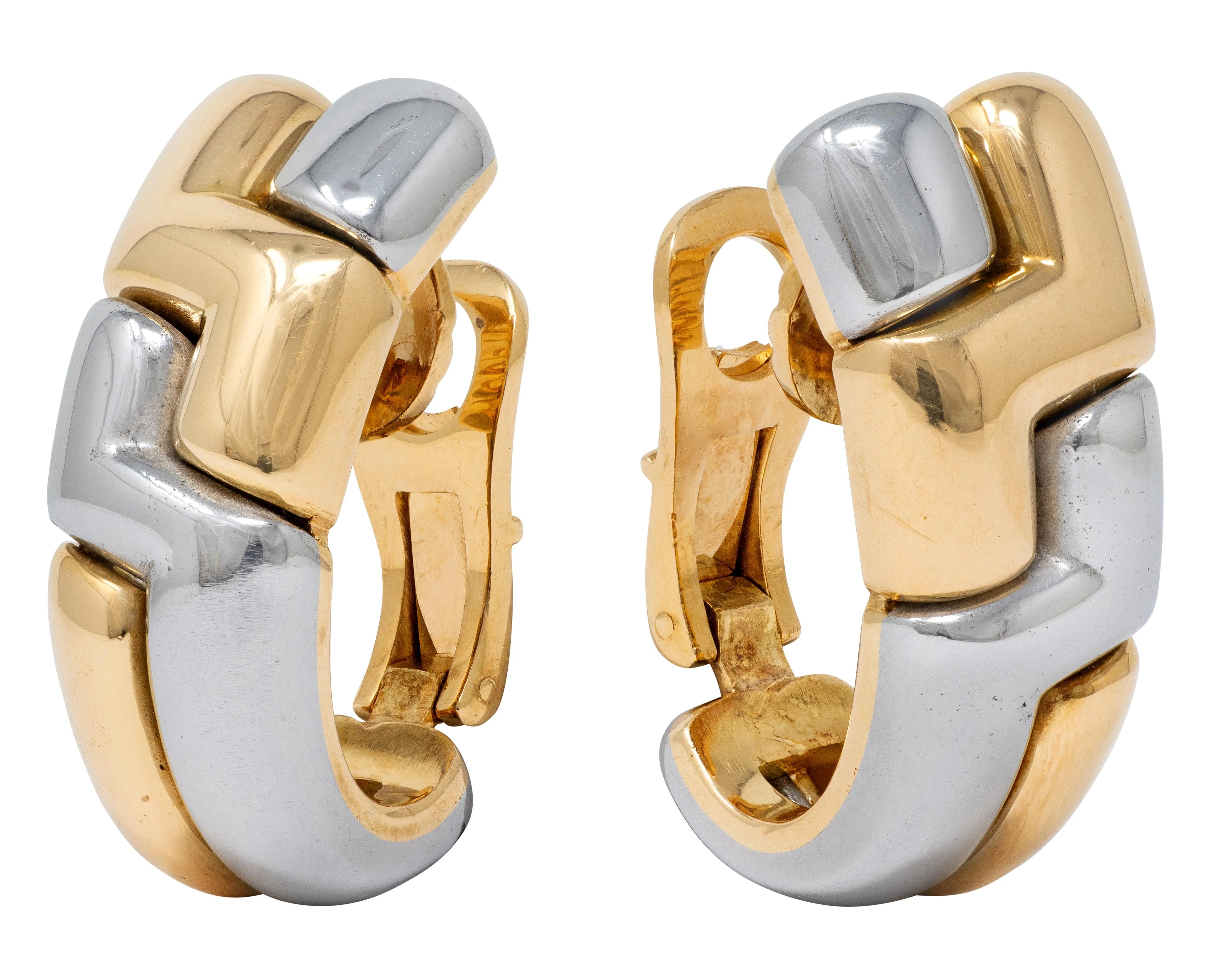 Bulgari 1990's 18 Karat Yellow Gold Stainless Steel Vintage J-Hoop Ear-Clip Earrings - Image 3