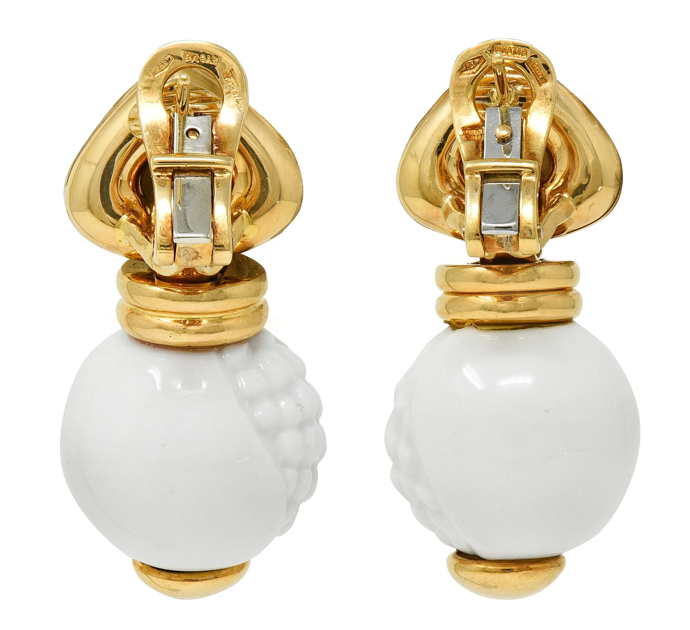 Bulgari 1990's Ceramic 18 Karat Yellow Gold Chandra Beaded Drop Ear-Clip Earrings - Image 4