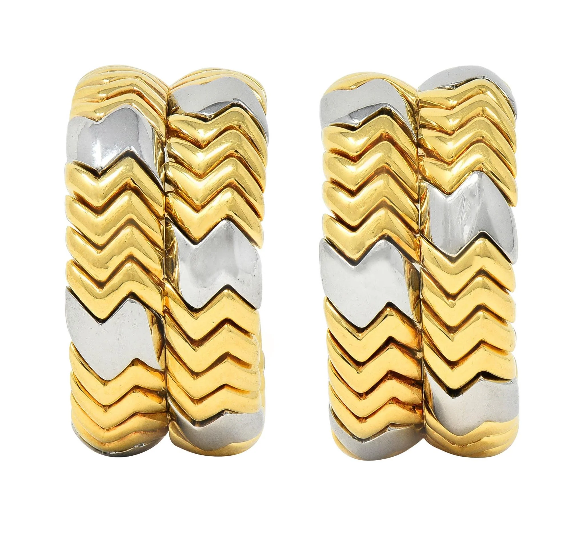 Bulgari 1990's Stainless Steel 18 Karat Yellow Gold Vintage Spiga J-Hoop Earrings