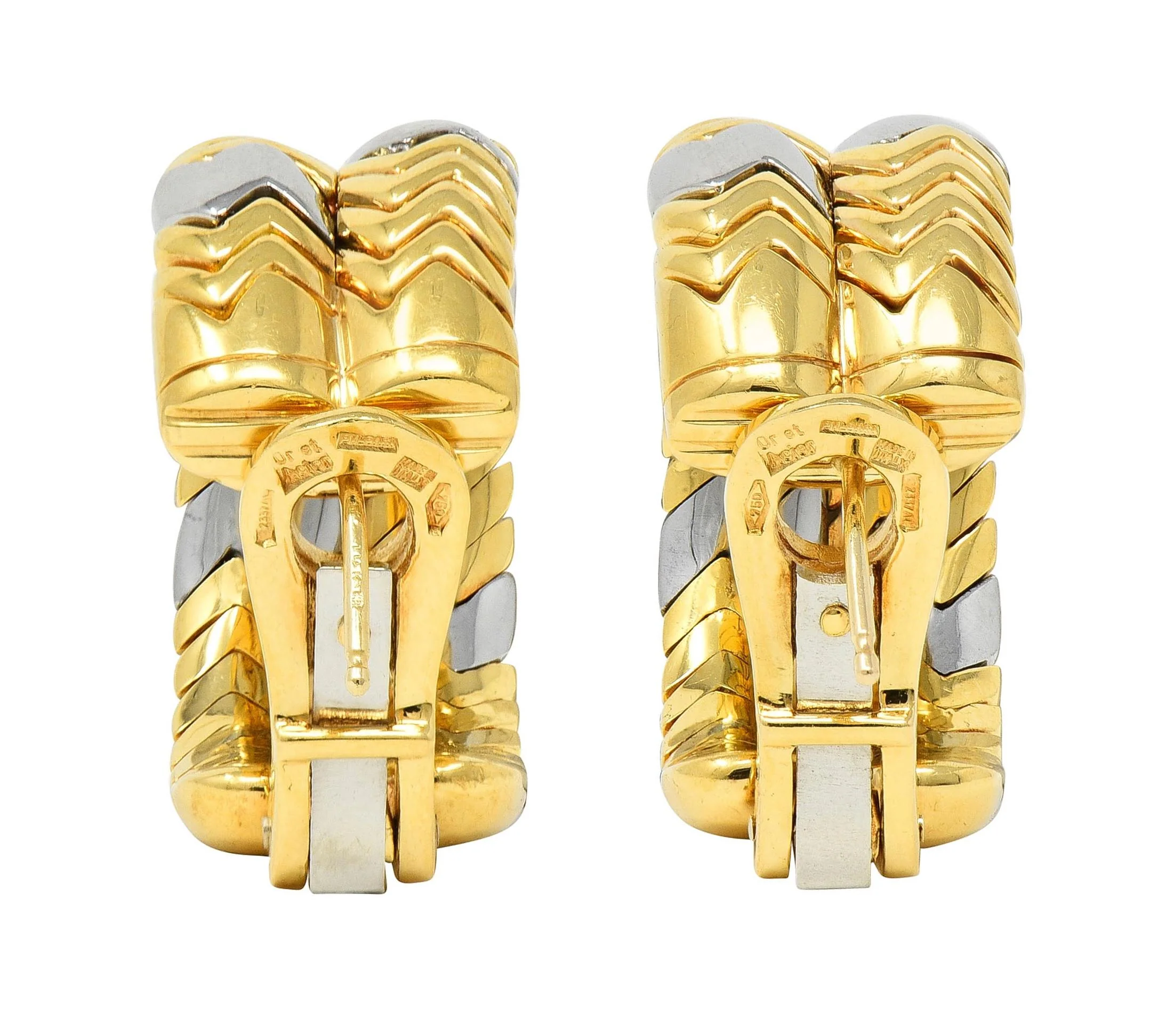 Bulgari 1990's Stainless Steel 18 Karat Yellow Gold Vintage Spiga J-Hoop Earrings - Image 6