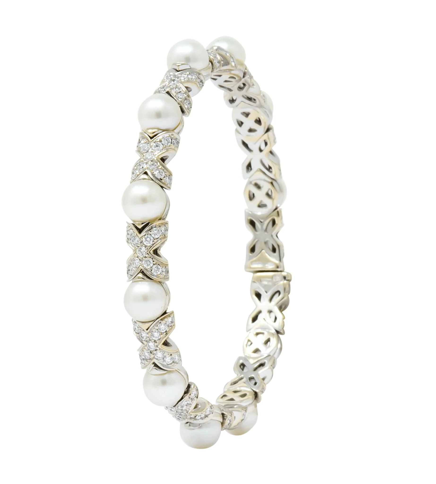 Bulgari 2.88 CTW Diamond Cultured Pearl 18 Karat White Gold X Cuff Bracelet - Image 8