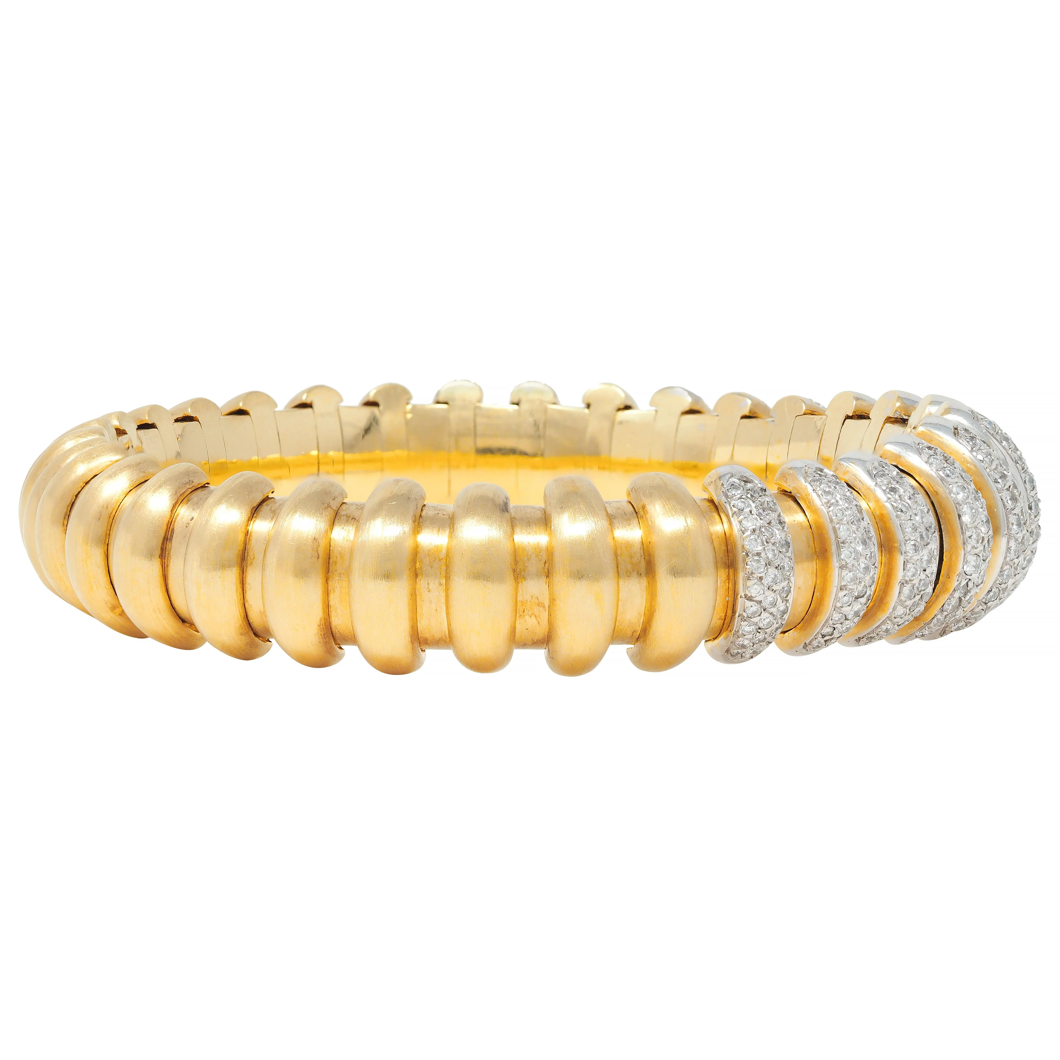 Bulgari 3.40 CTW Diamond 18 Karat Two-Tone Gold Vintage Celtica Tubogas Cuff Bracelet - Image 3