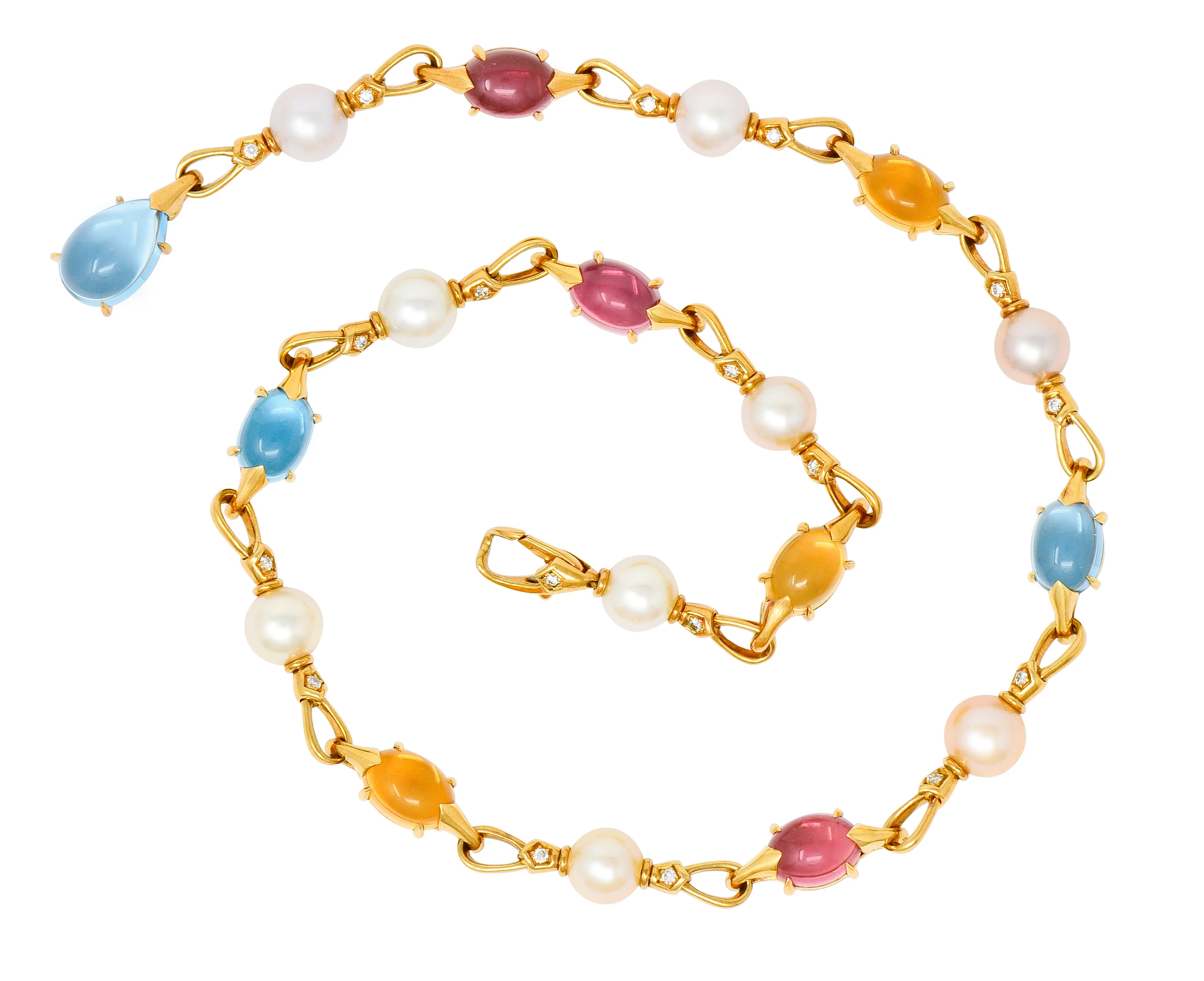 Bulgari Allegra Tourmaline Citrine Topaz Pearl Diamond 18 Karat Gold Station Chain Link Necklace - Image 2