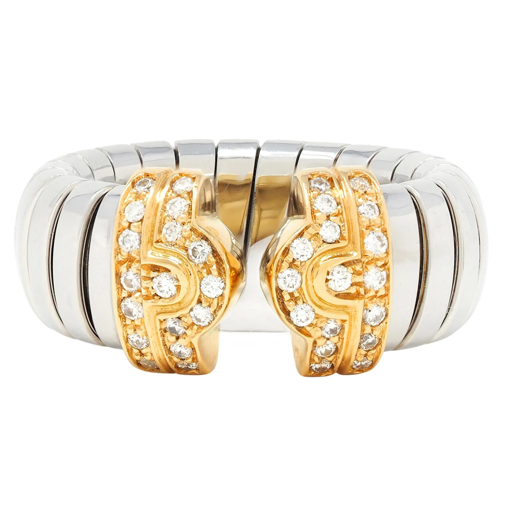 Bulgari Diamond 18 Karat Yellow Gold Steel Vintage Parentesi Tubogas Omega Ring