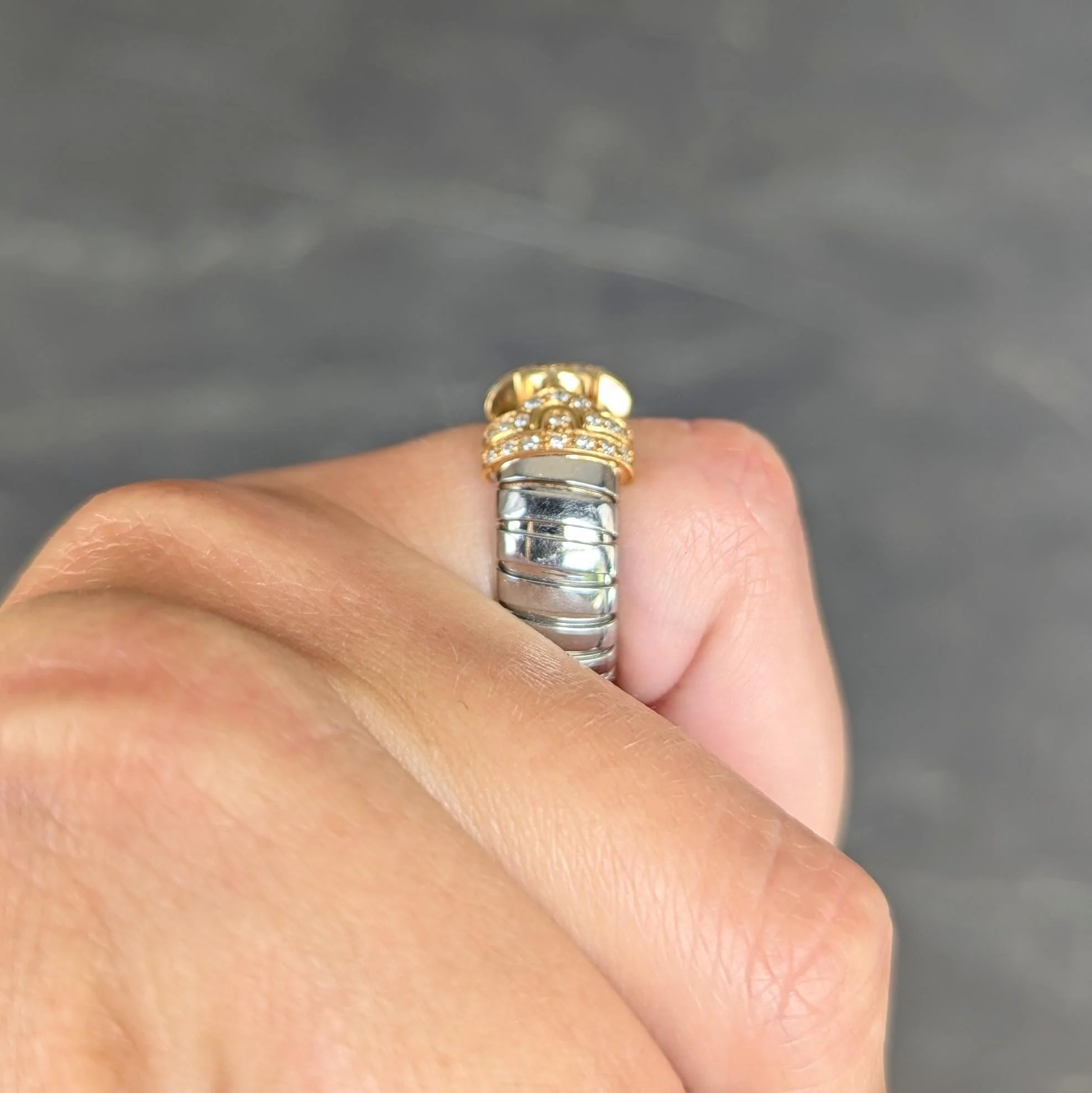 Bulgari Diamond 18 Karat Yellow Gold Steel Vintage Parentesi Tubogas Omega Ring - Image 10