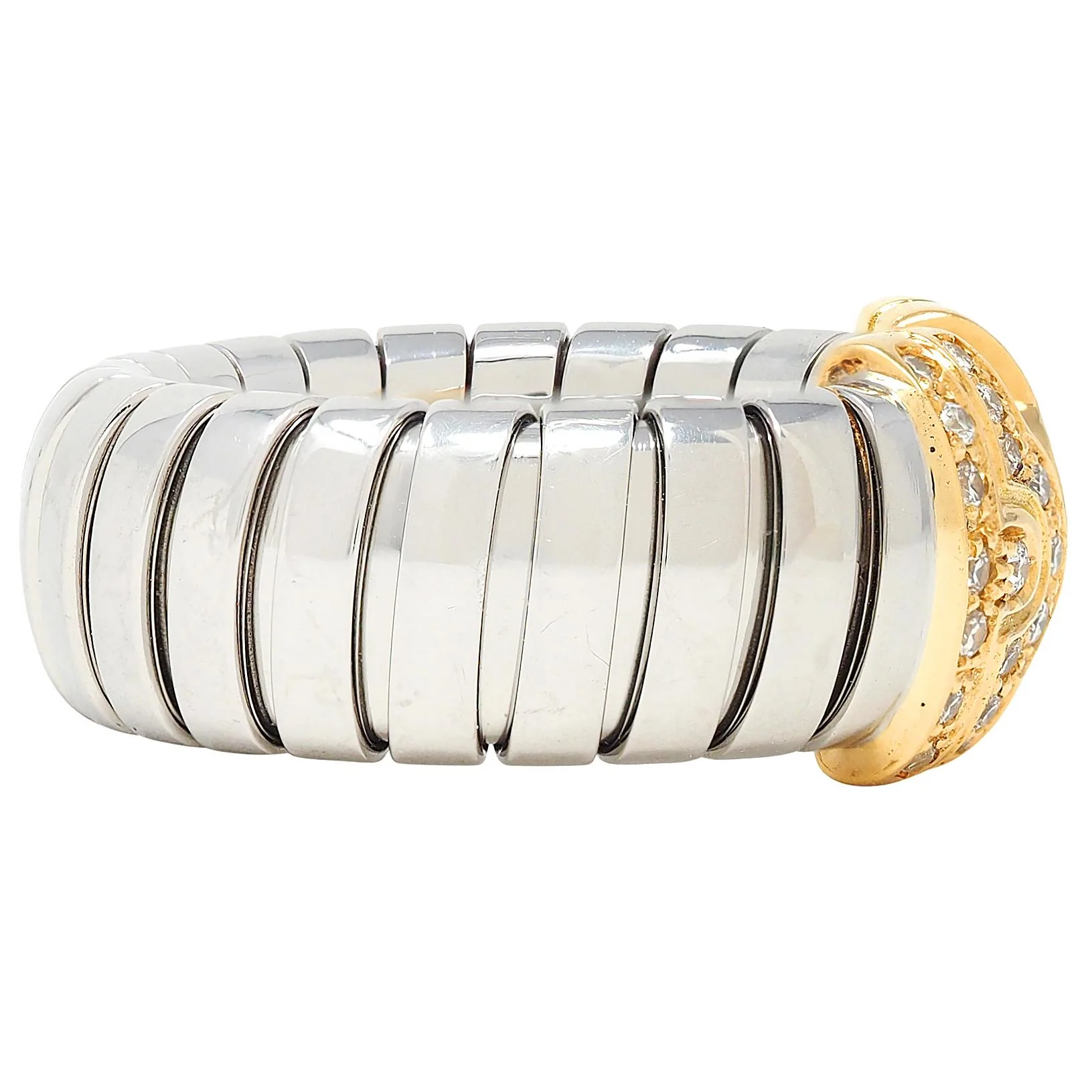 Bulgari Diamond 18 Karat Yellow Gold Steel Vintage Parentesi Tubogas Omega Ring - Image 2