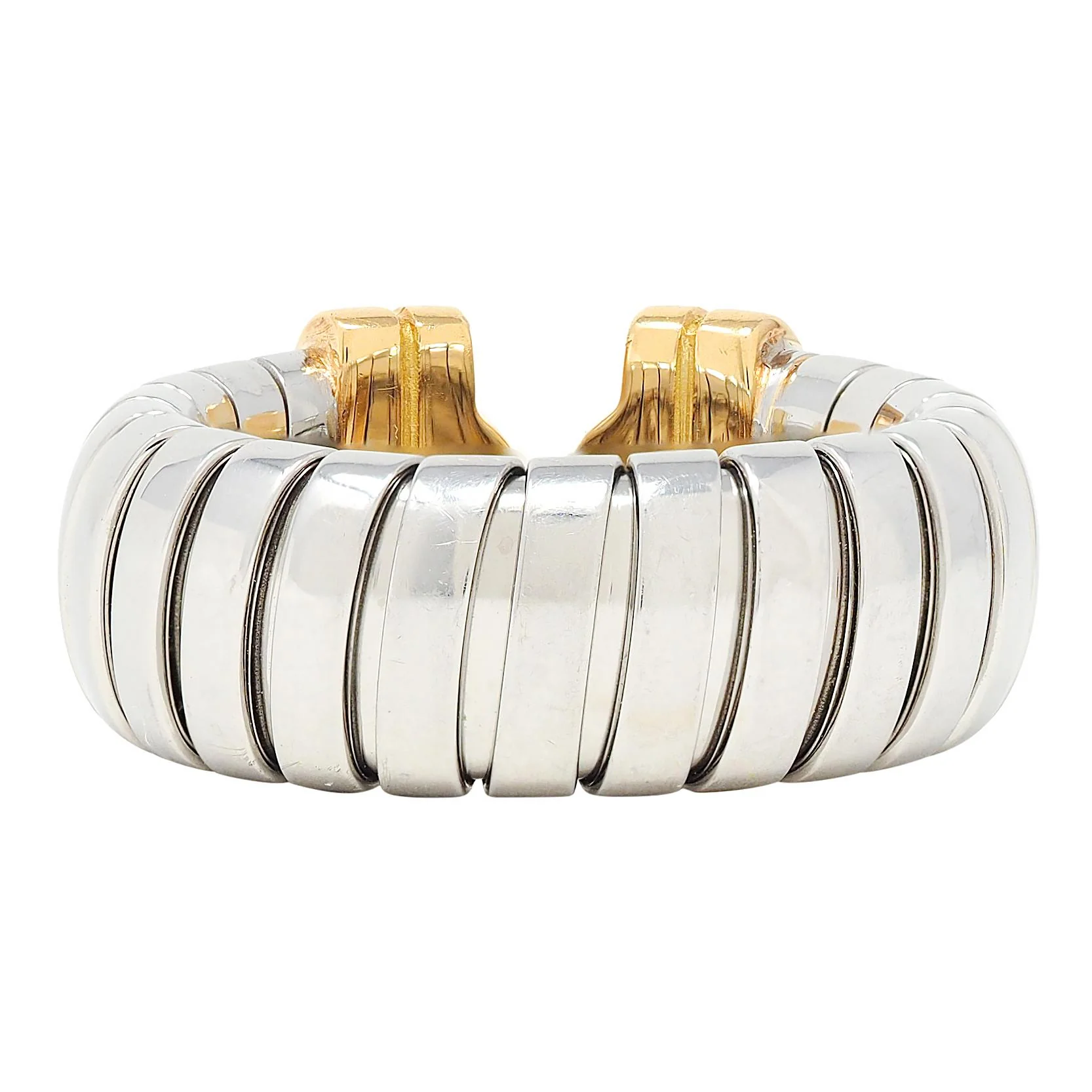 Bulgari Diamond 18 Karat Yellow Gold Steel Vintage Parentesi Tubogas Omega Ring - Image 3