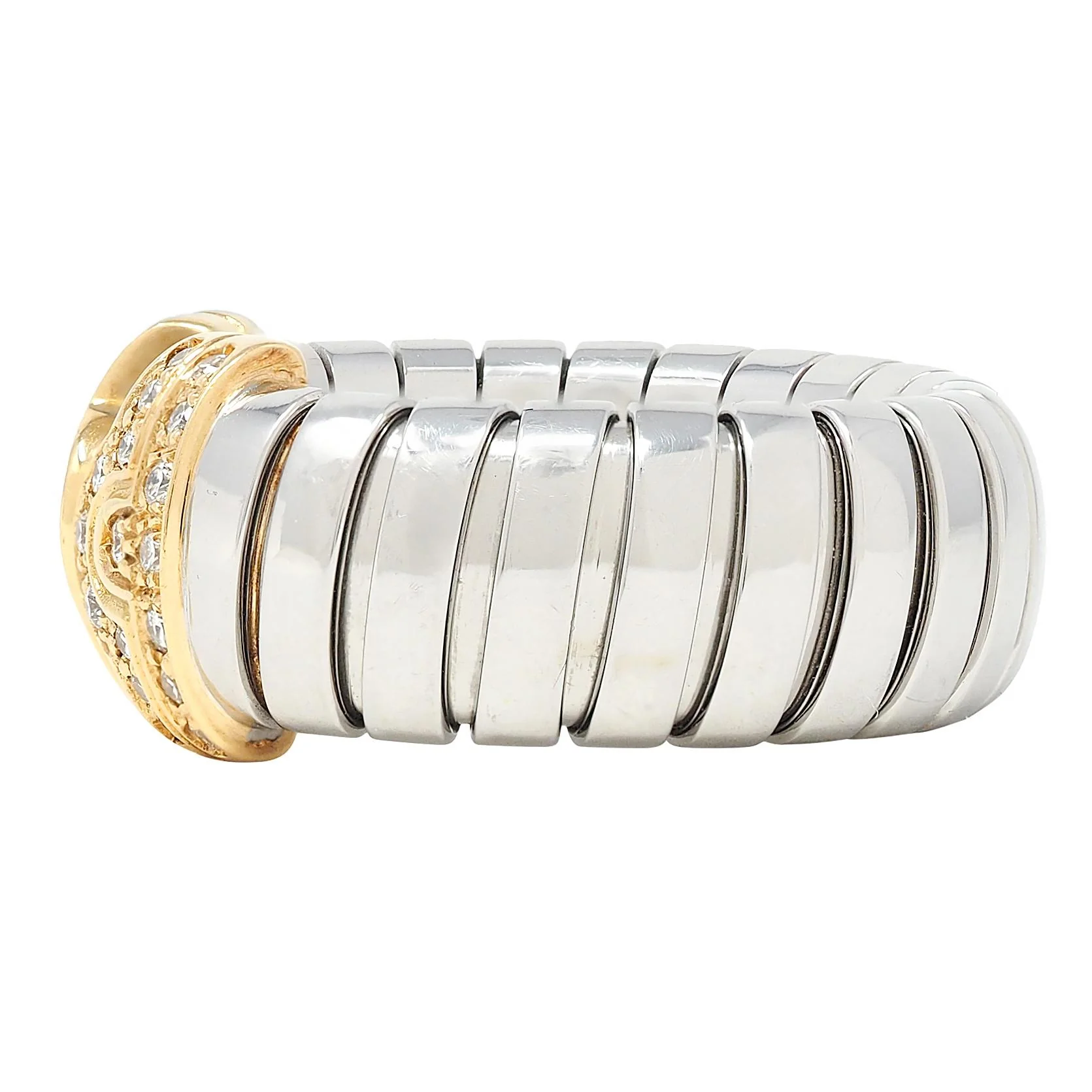 Bulgari Diamond 18 Karat Yellow Gold Steel Vintage Parentesi Tubogas Omega Ring - Image 4