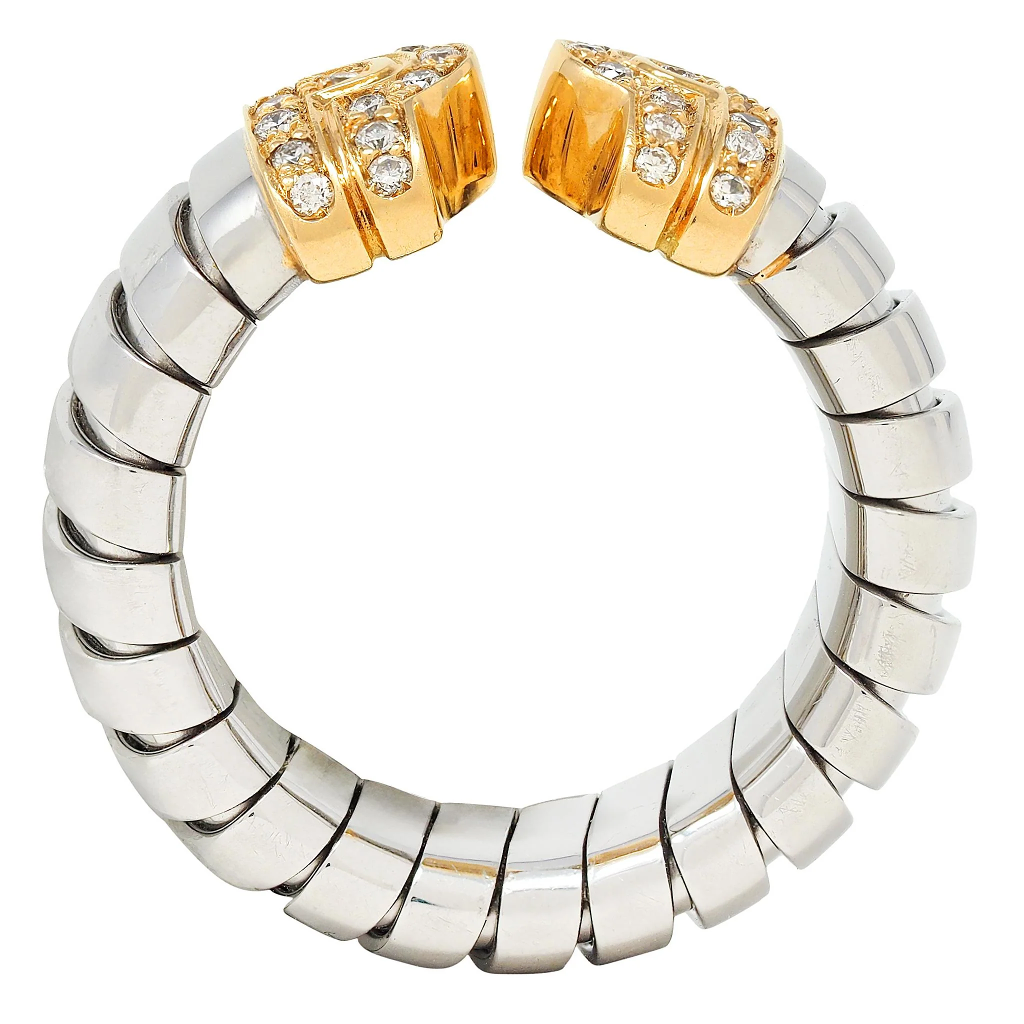Bulgari Diamond 18 Karat Yellow Gold Steel Vintage Parentesi Tubogas Omega Ring - Image 5