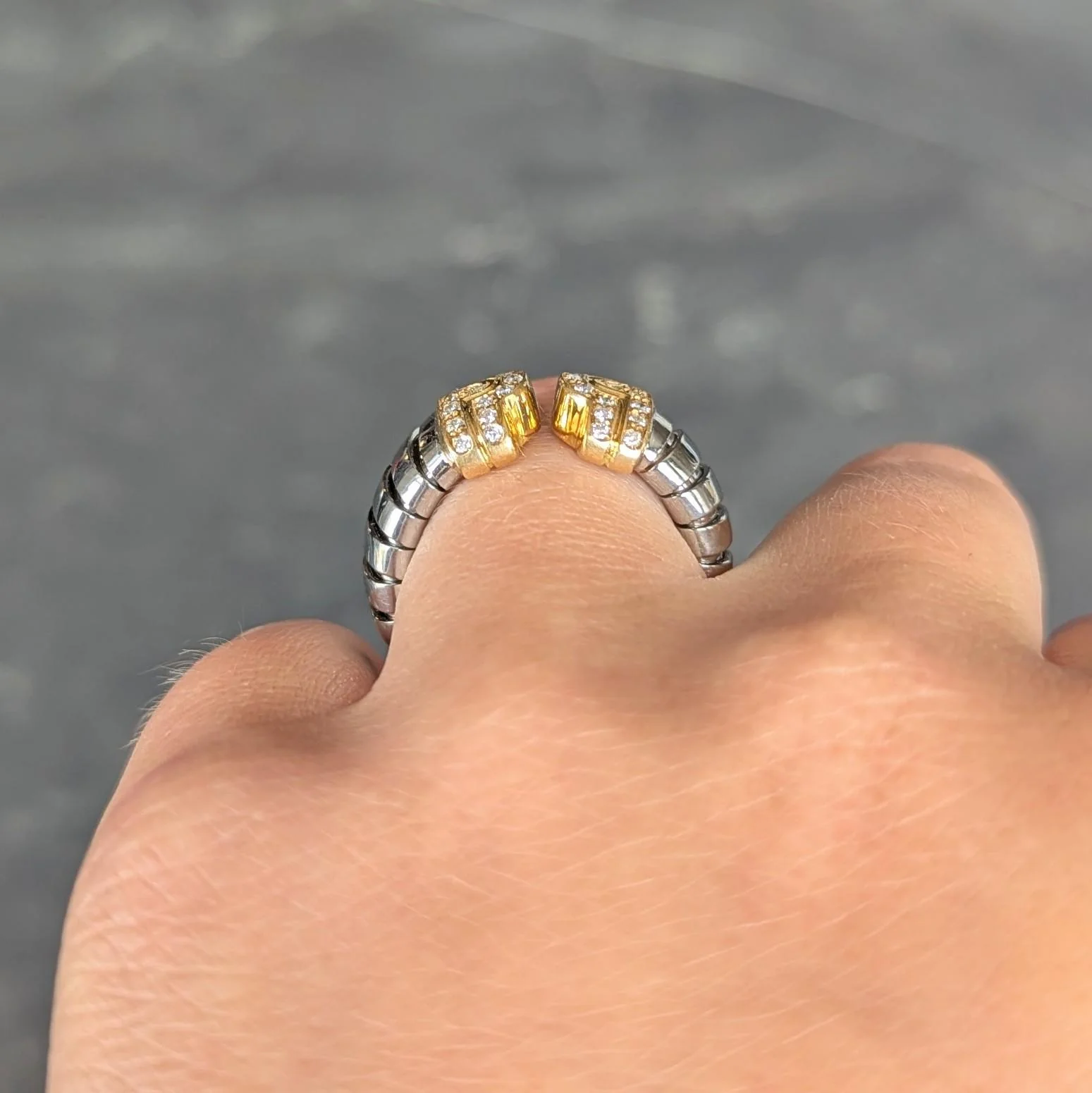 Bulgari Diamond 18 Karat Yellow Gold Steel Vintage Parentesi Tubogas Omega Ring - Image 9