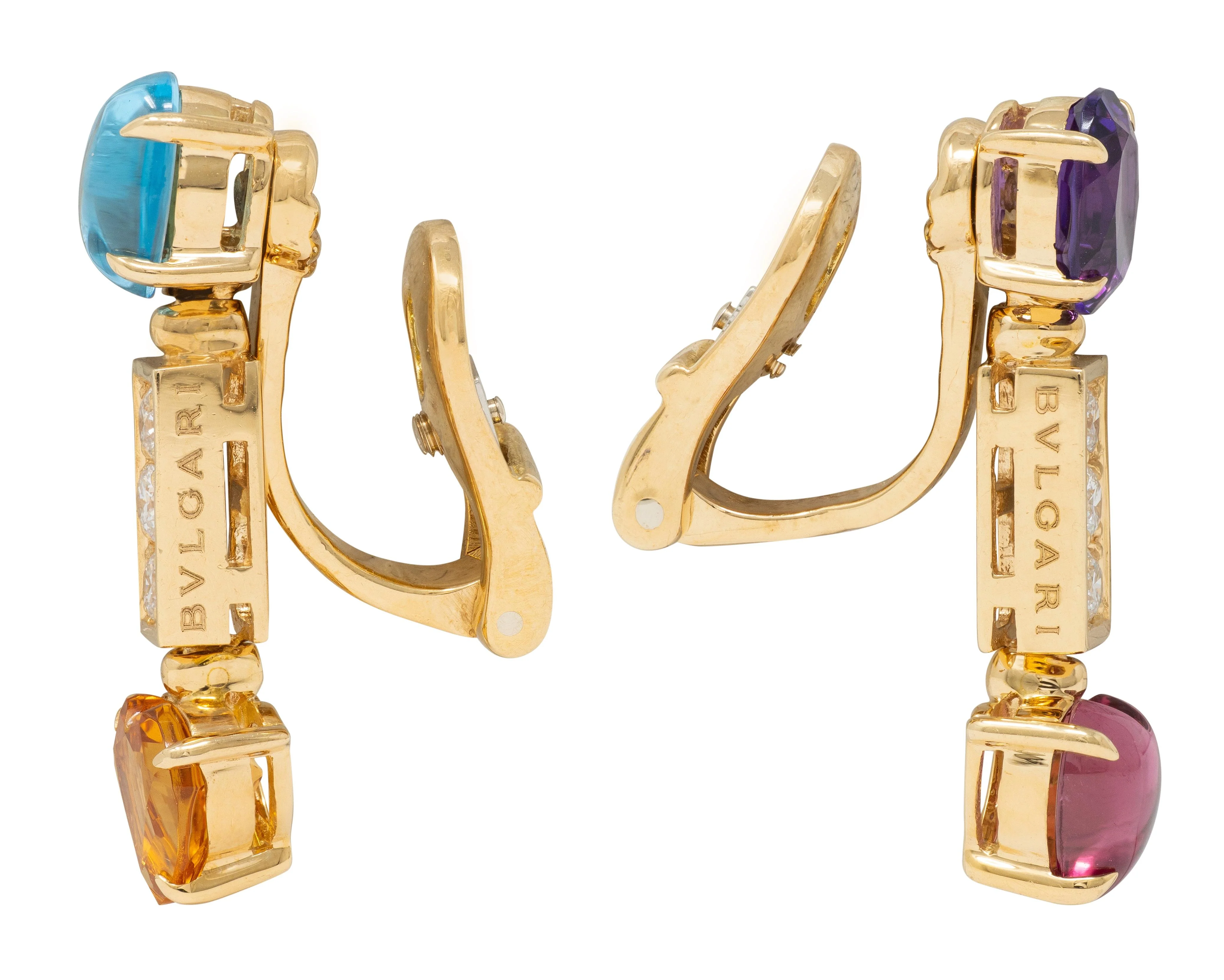 Bulgari Diamond Multi-Gem 18 Karat Yellow Gold Allegra Drop Ear-Clip Earrings - Image 3