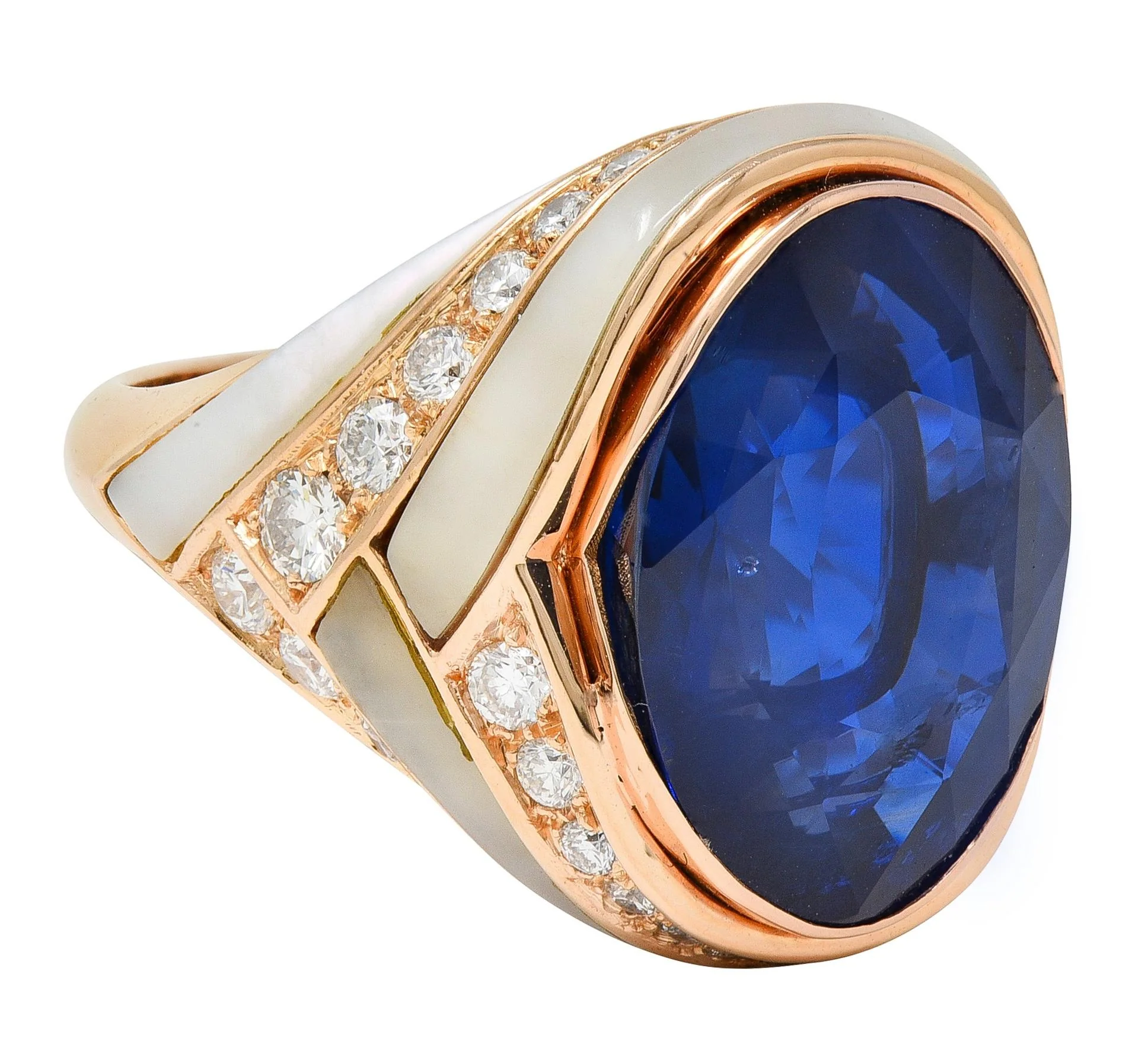 Bulgari No Heat Ceylon Sapphire Diamond Mother-Of-Pearl 18 Karat Rose Gold Inlay Ring AGL - Image 3