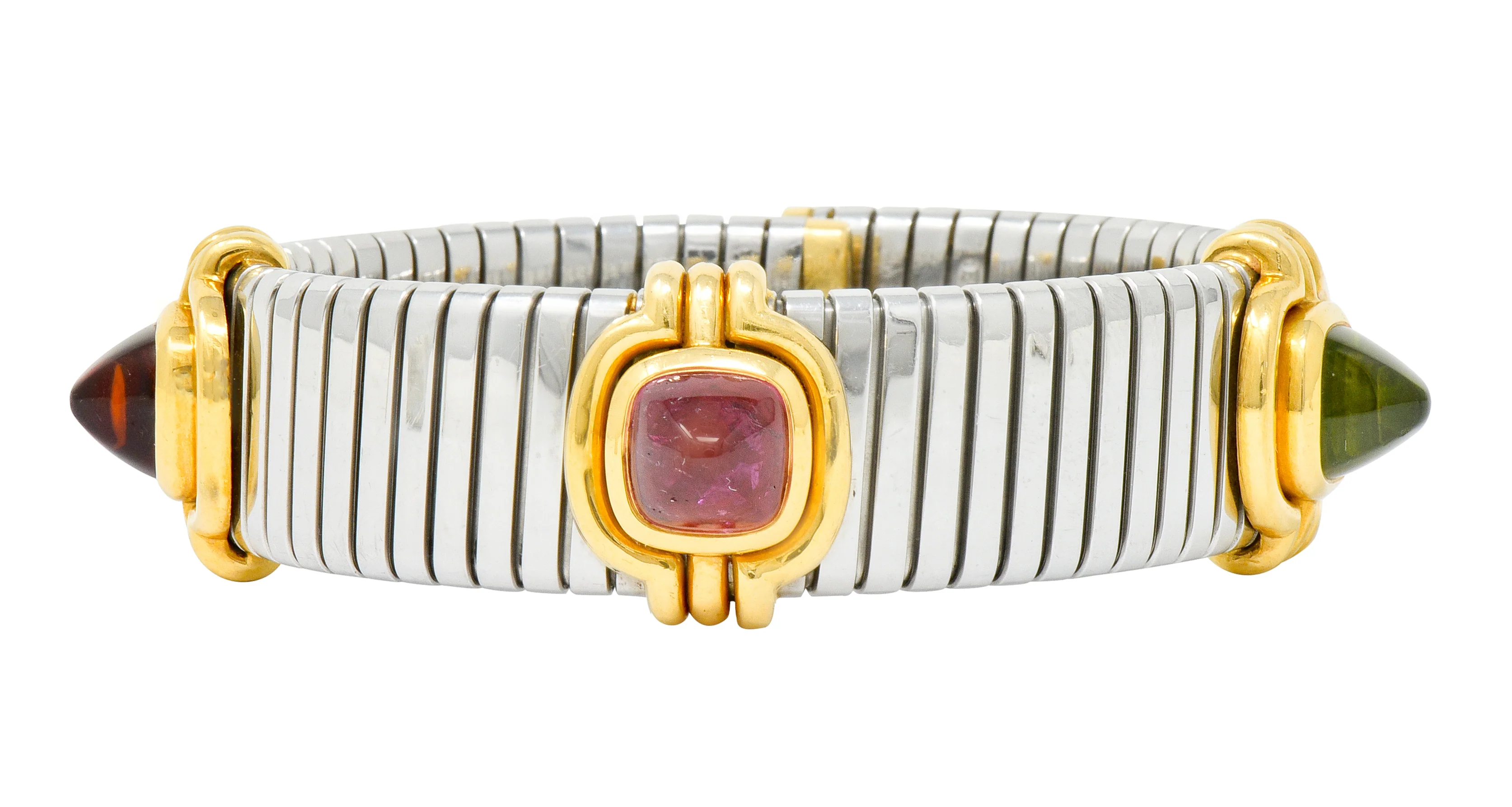 Bulgari Vintage Citrine Peridot Tourmaline Stainless Steel 18 Karat Gold Tubogas Cuff Bracelet - Image 2