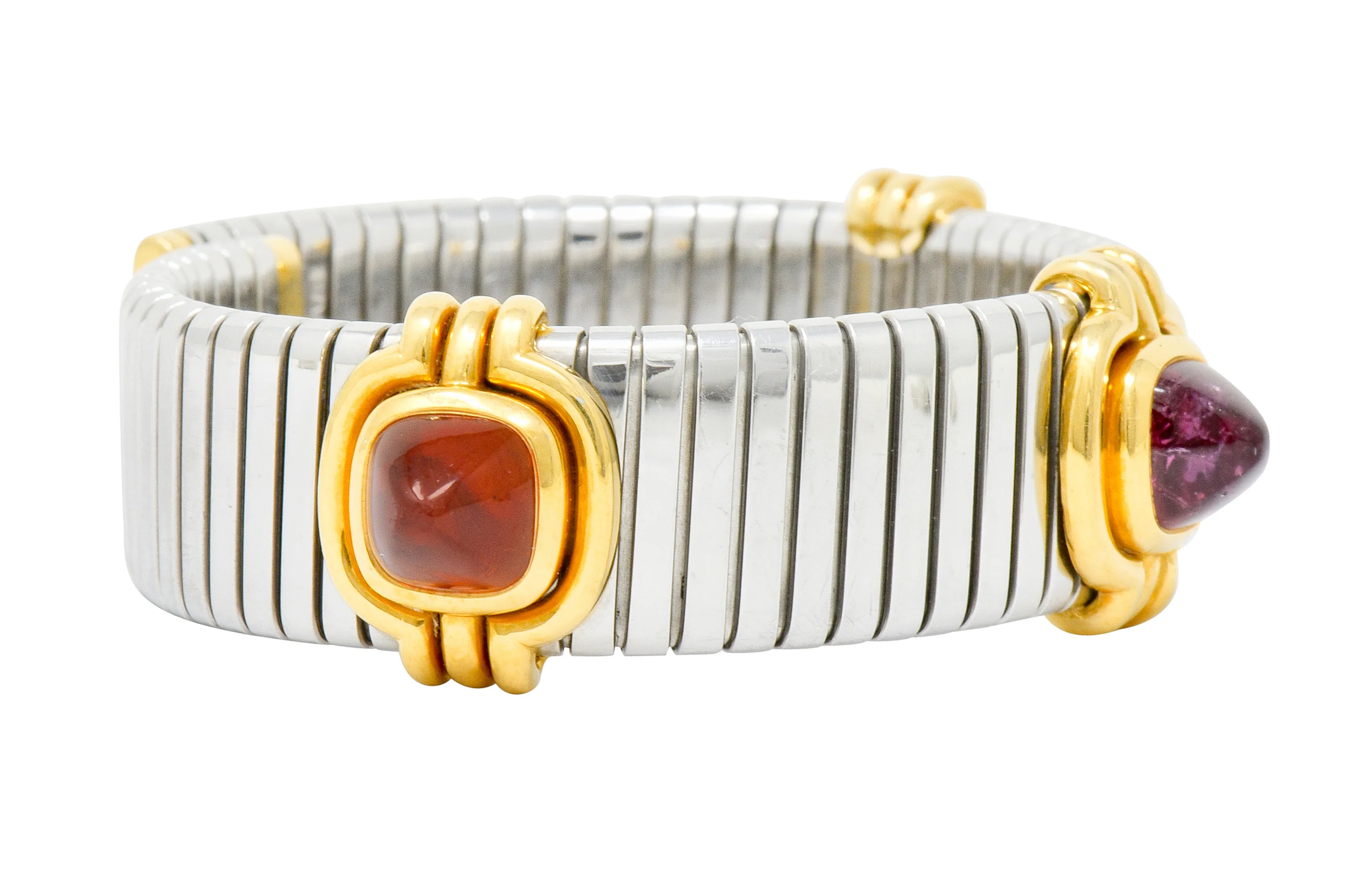 Bulgari Vintage Citrine Peridot Tourmaline Stainless Steel 18 Karat Gold Tubogas Cuff Bracelet - Image 3