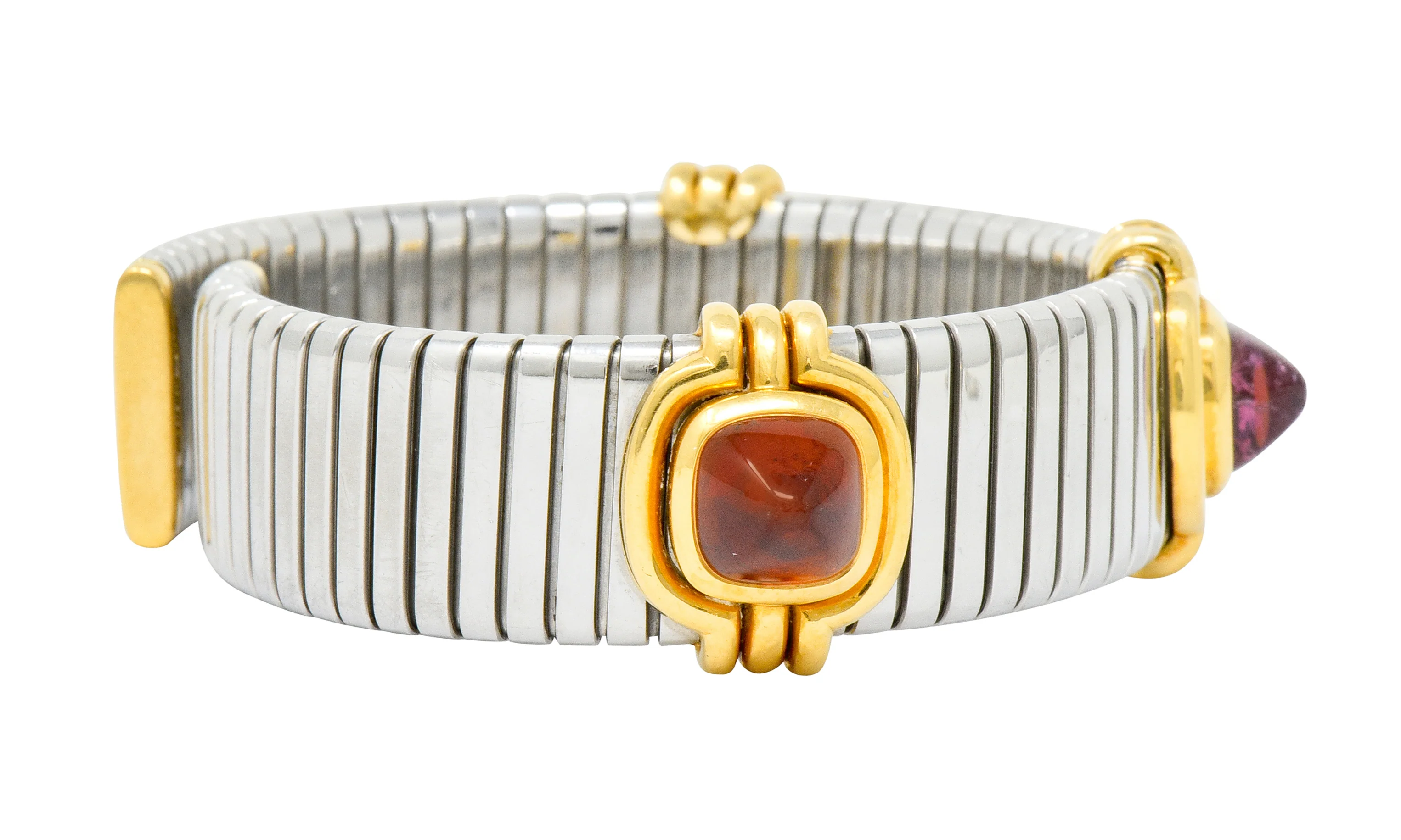 Bulgari Vintage Citrine Peridot Tourmaline Stainless Steel 18 Karat Gold Tubogas Cuff Bracelet - Image 4