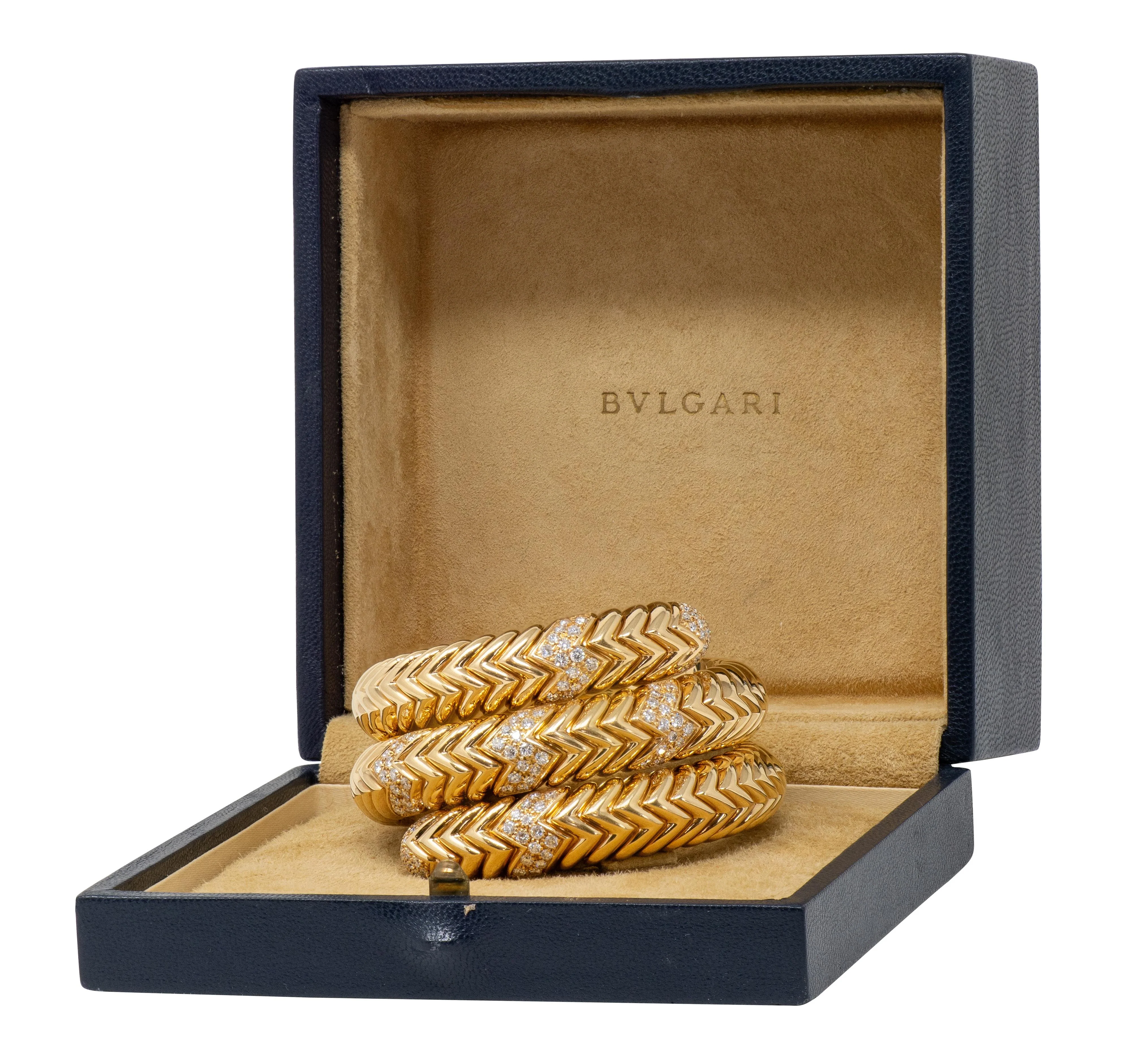 Bulgari French 1970's Diamond 18 Karat Yellow Gold Vintage Triple Spiga Wrap Bracelet - Image 3