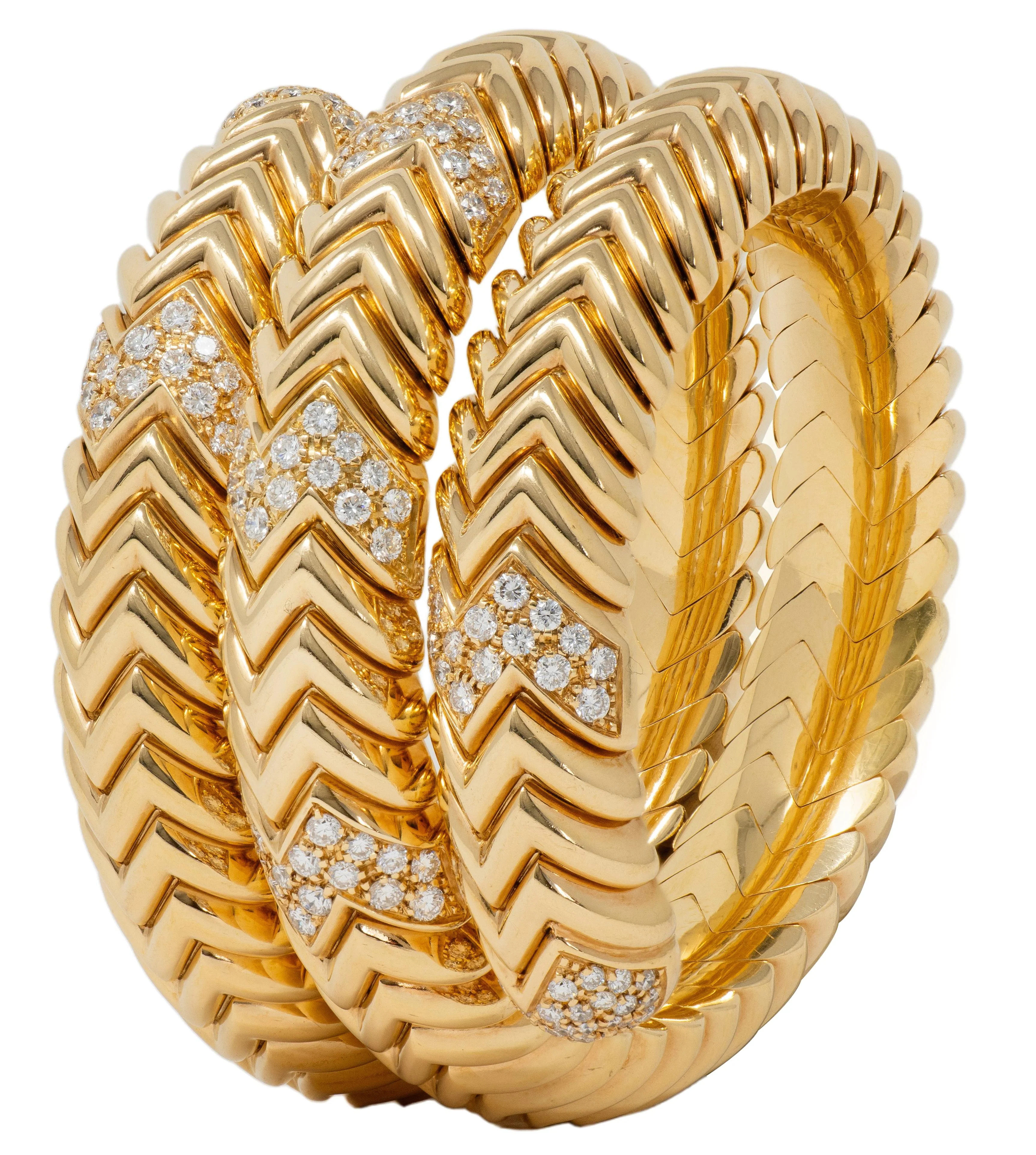 Bulgari French 1970's Diamond 18 Karat Yellow Gold Vintage Triple Spiga Wrap Bracelet - Image 4