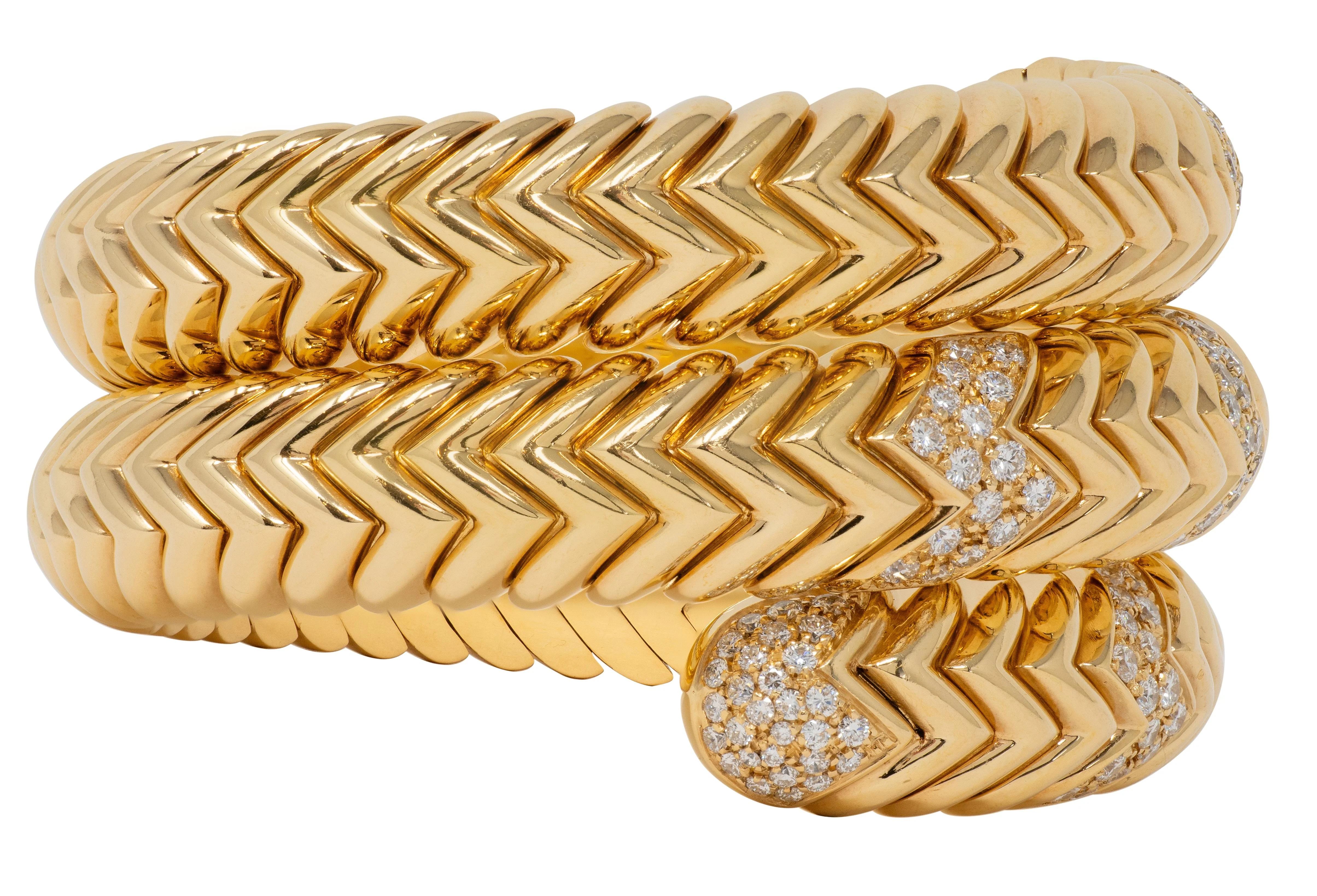 Bulgari French 1970's Diamond 18 Karat Yellow Gold Vintage Triple Spiga Wrap Bracelet - Image 5