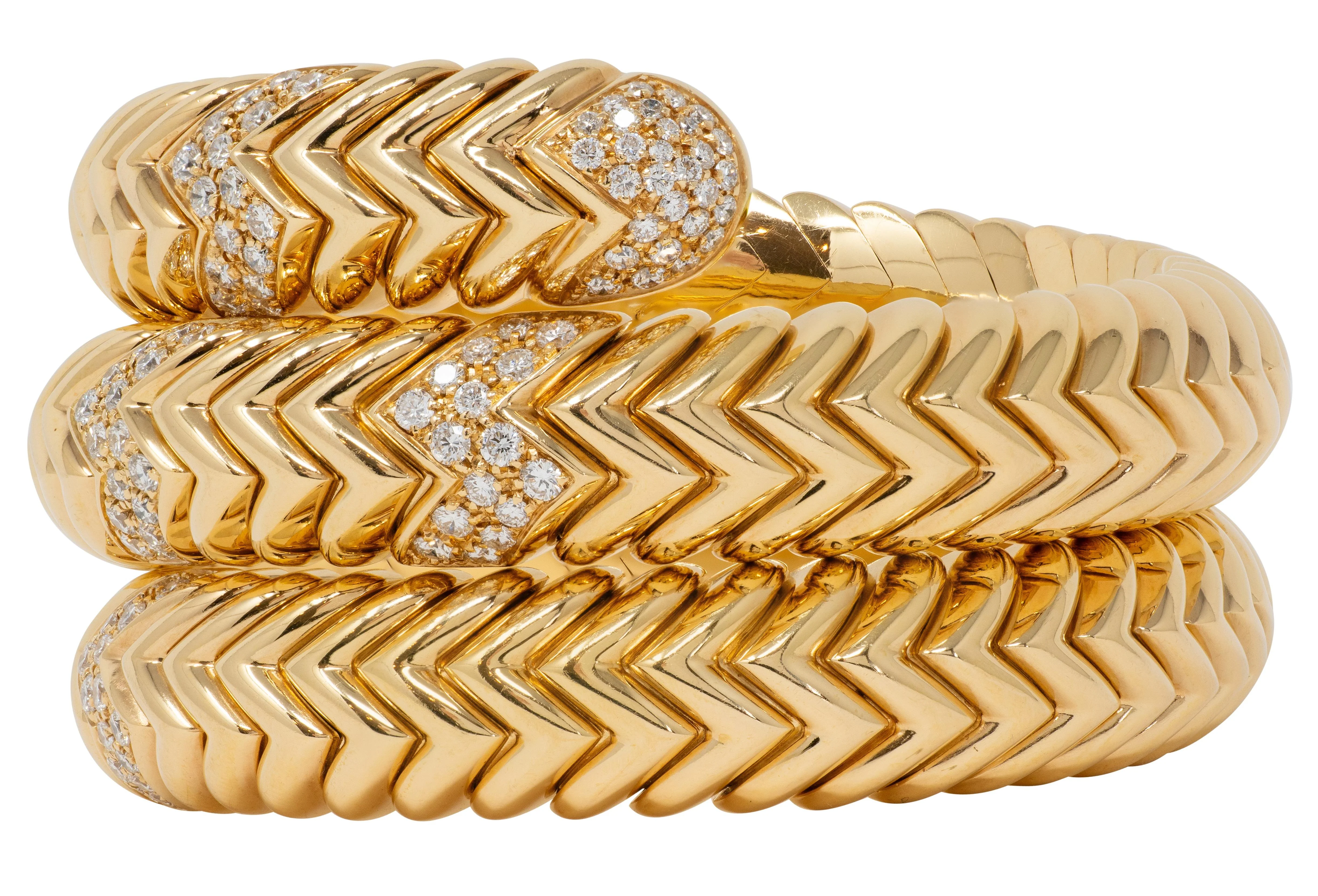 Bulgari French 1970's Diamond 18 Karat Yellow Gold Vintage Triple Spiga Wrap Bracelet - Image 7