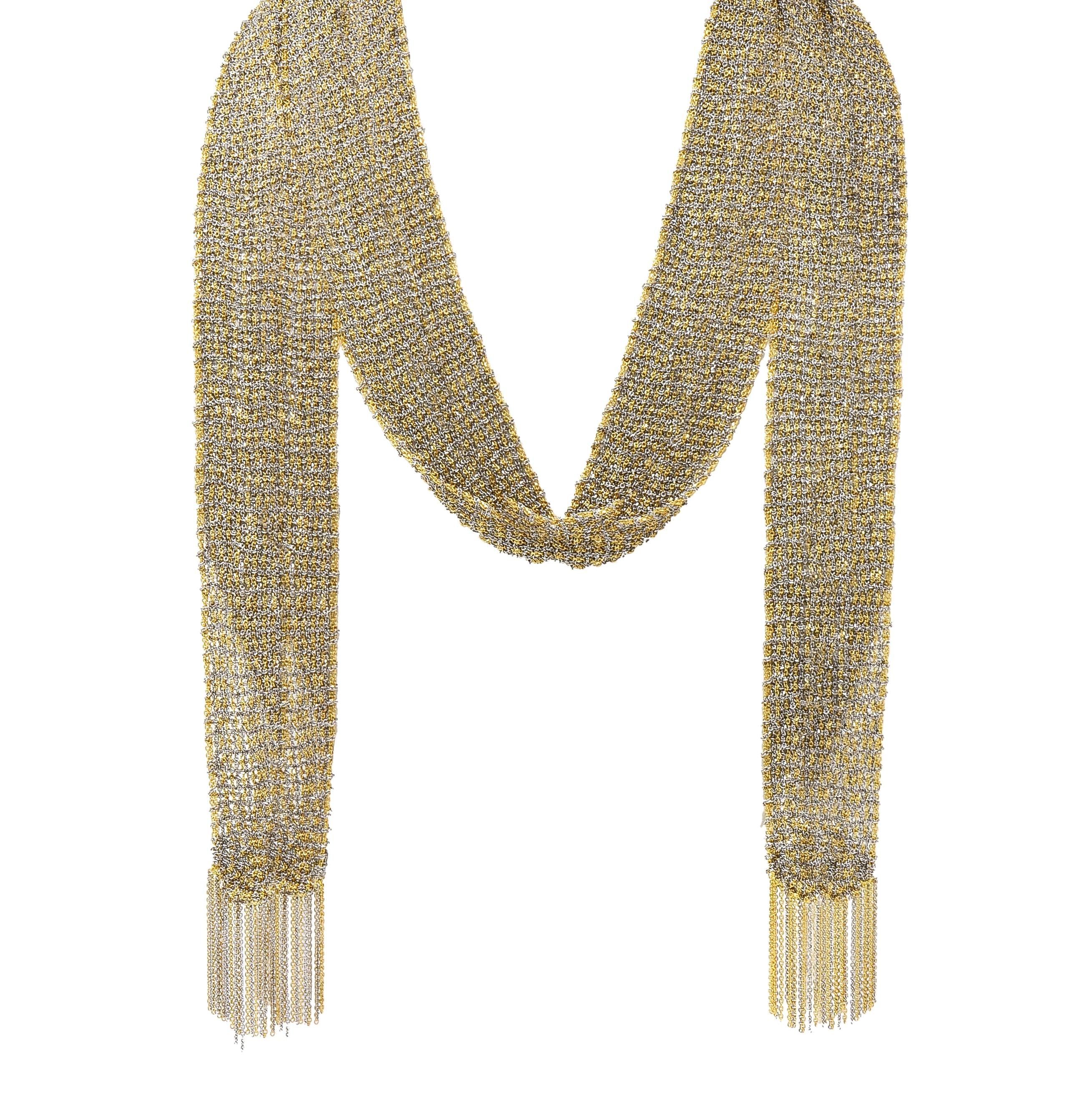 Calgaro 18 Karat Two-Tone Gold Woven Mesh Fringe Scarf Necklace - Image 9