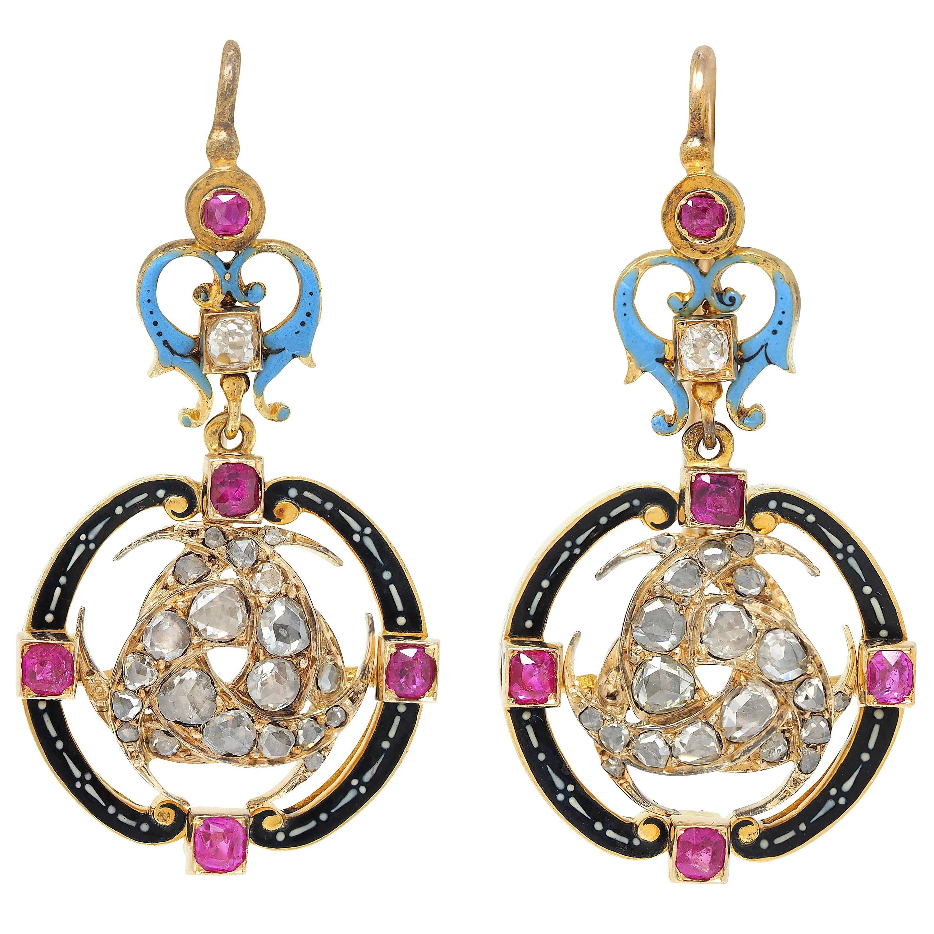 Carlo Giuliano Victorian Renaissance Revival Diamond Ruby Enamel 18 Karat Yellow Gold Antique Drop Earrings