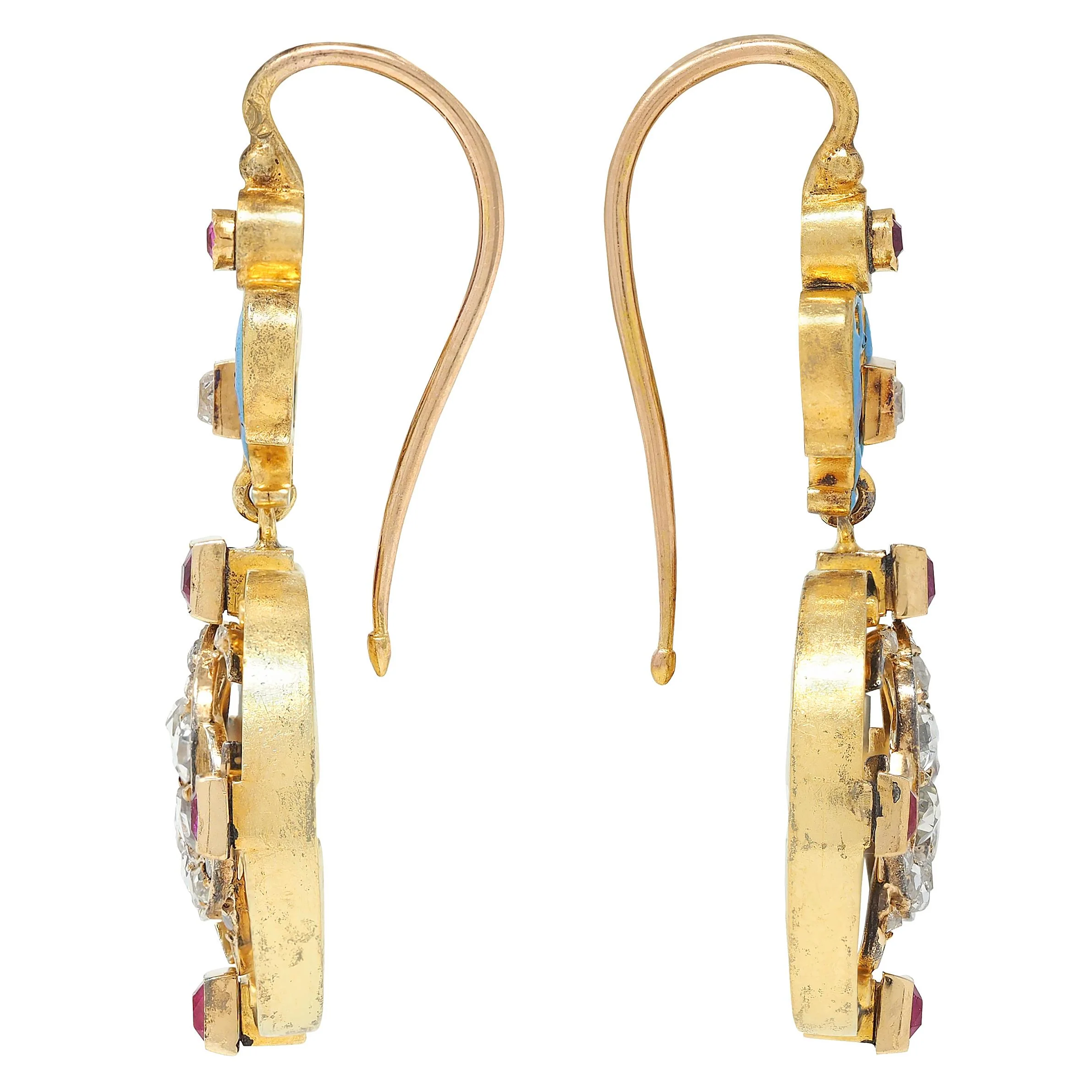 Carlo Giuliano Victorian Renaissance Revival Diamond Ruby Enamel 18 Karat Yellow Gold Antique Drop Earrings - Image 3