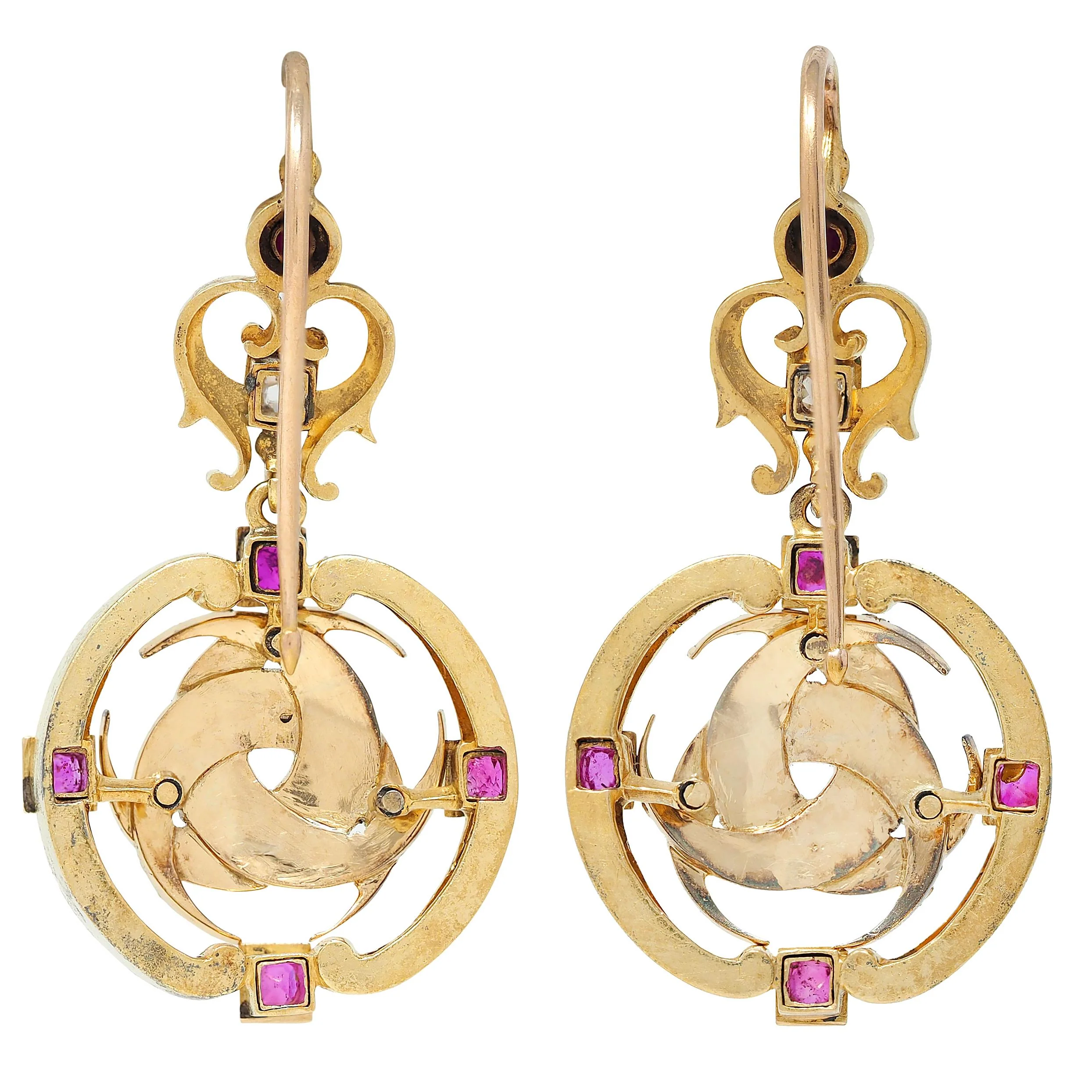 Carlo Giuliano Victorian Renaissance Revival Diamond Ruby Enamel 18 Karat Yellow Gold Antique Drop Earrings - Image 4