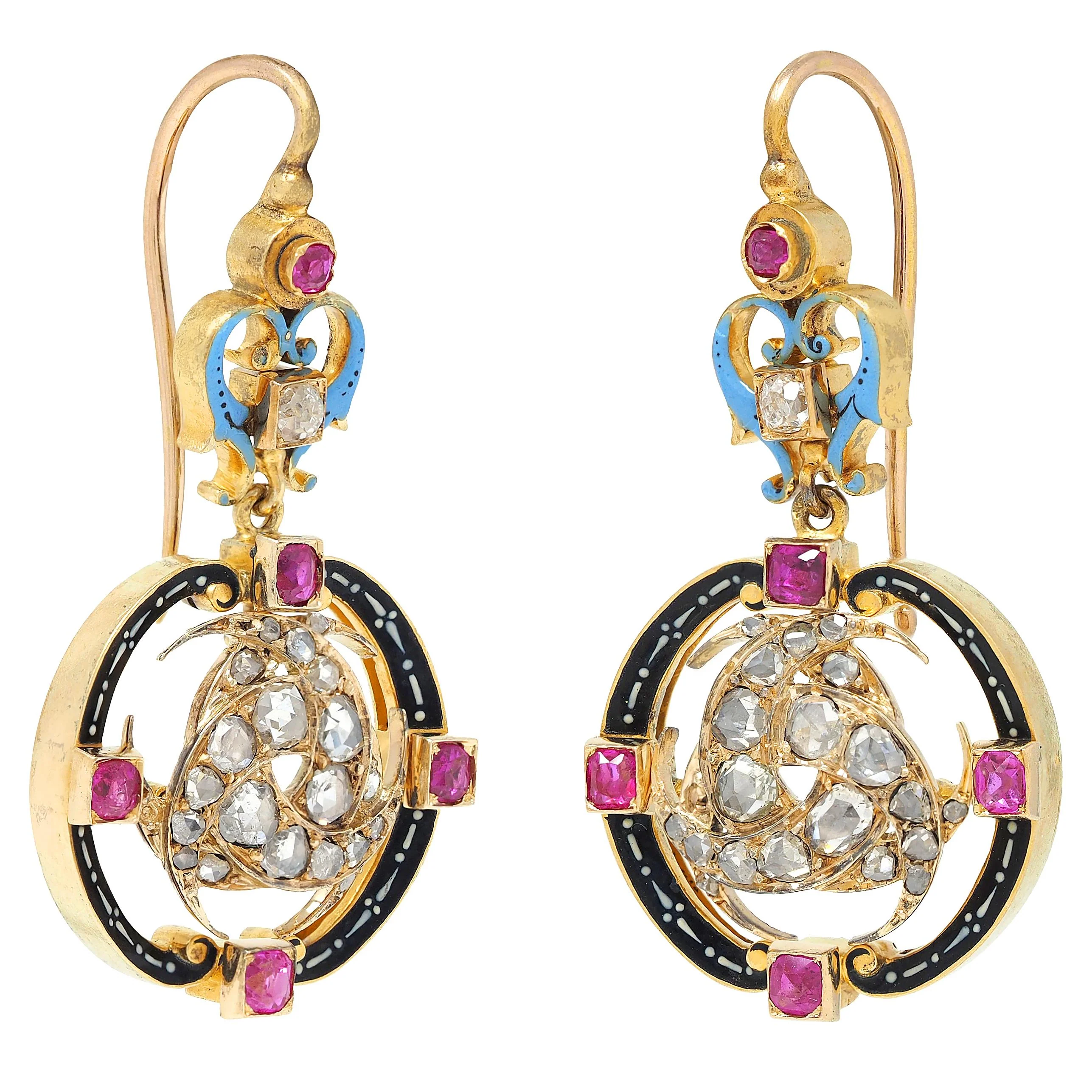 Carlo Giuliano Victorian Renaissance Revival Diamond Ruby Enamel 18 Karat Yellow Gold Antique Drop Earrings - Image 5
