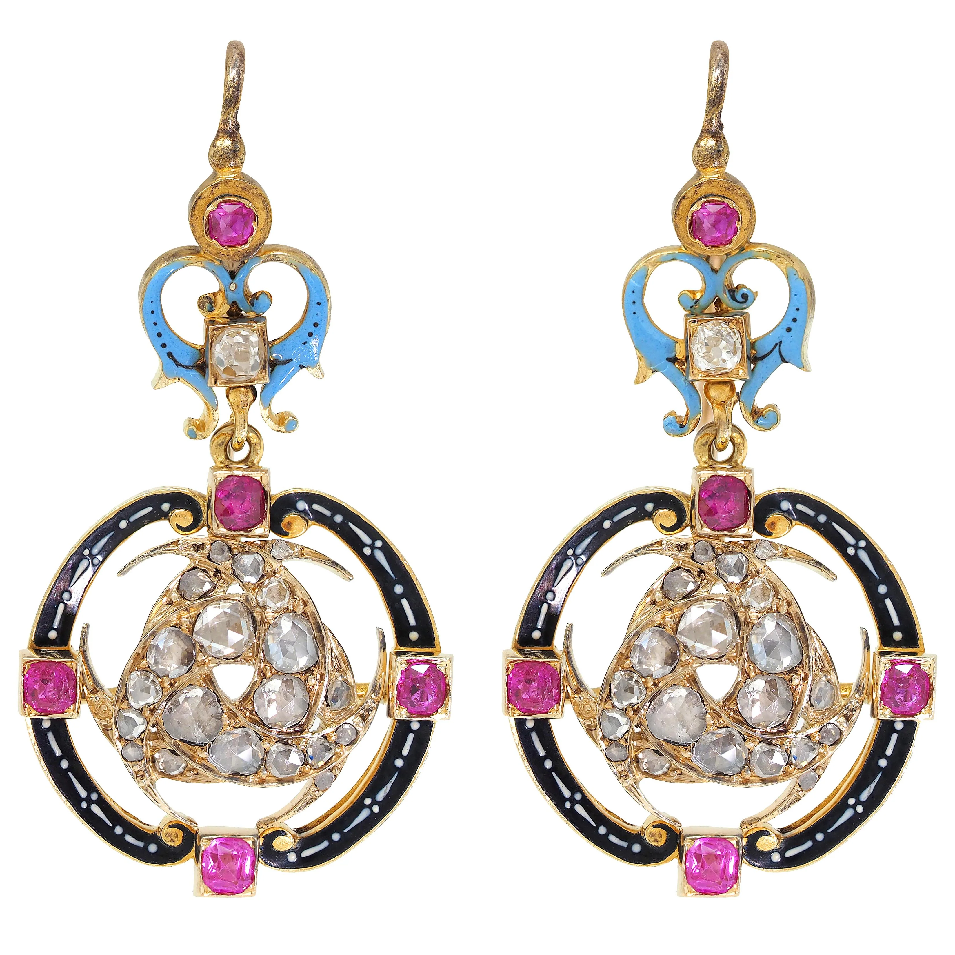 Carlo Giuliano Victorian Renaissance Revival Diamond Ruby Enamel 18 Karat Yellow Gold Antique Drop Earrings - Image 6