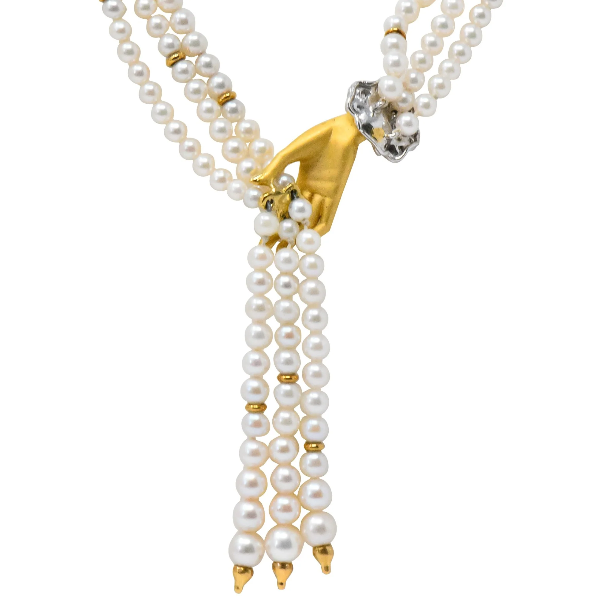Carrera y Carrera 0.30 CTW Diamond Pearl 18 Karat Gold Las Manos Multi-Strand Necklace - Image 4