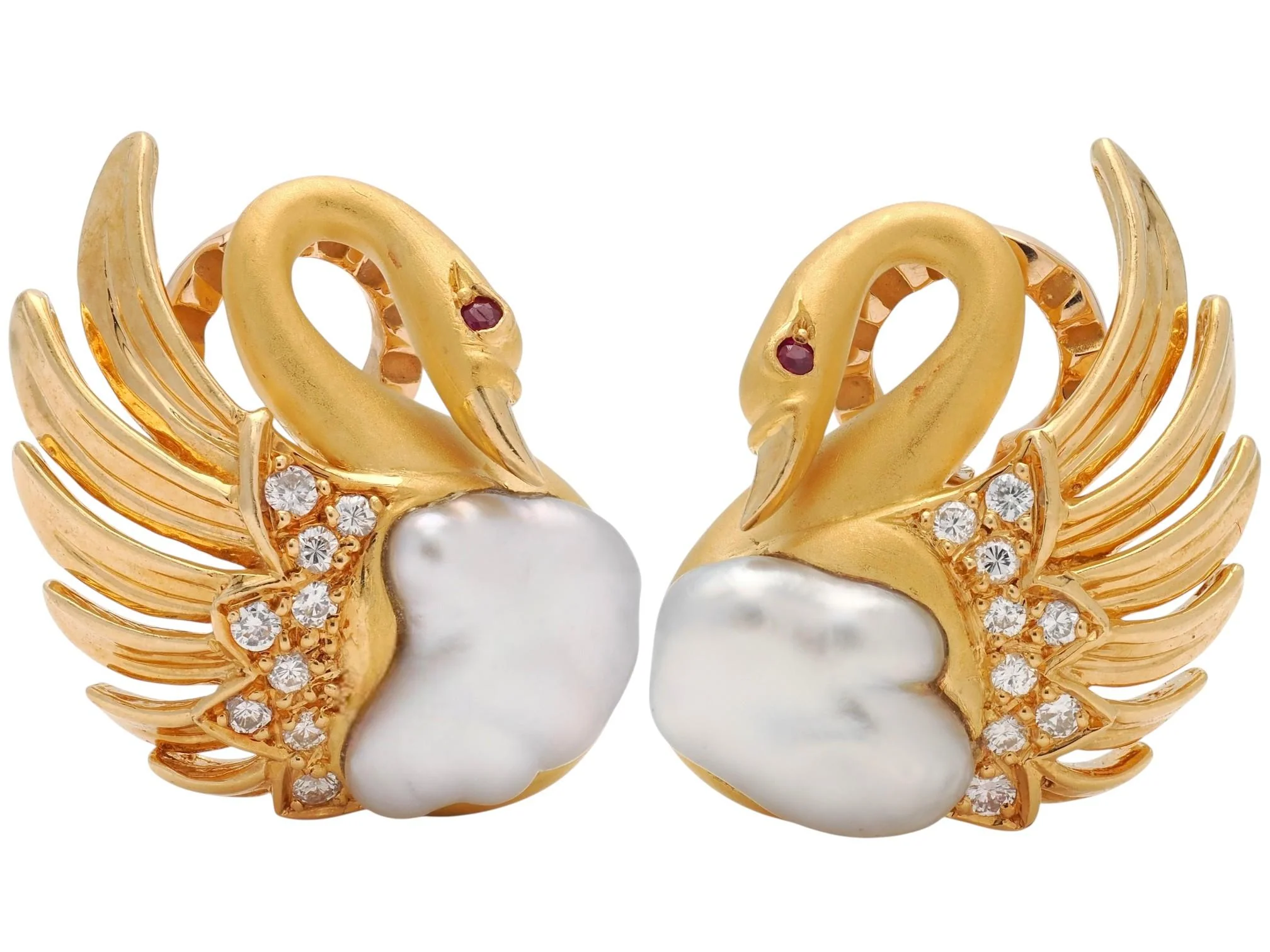 Carrera Y Carrera 2000's Diamond Pearl Ruby 18 Karat Yellow Gold Contemporary Swan Earrings