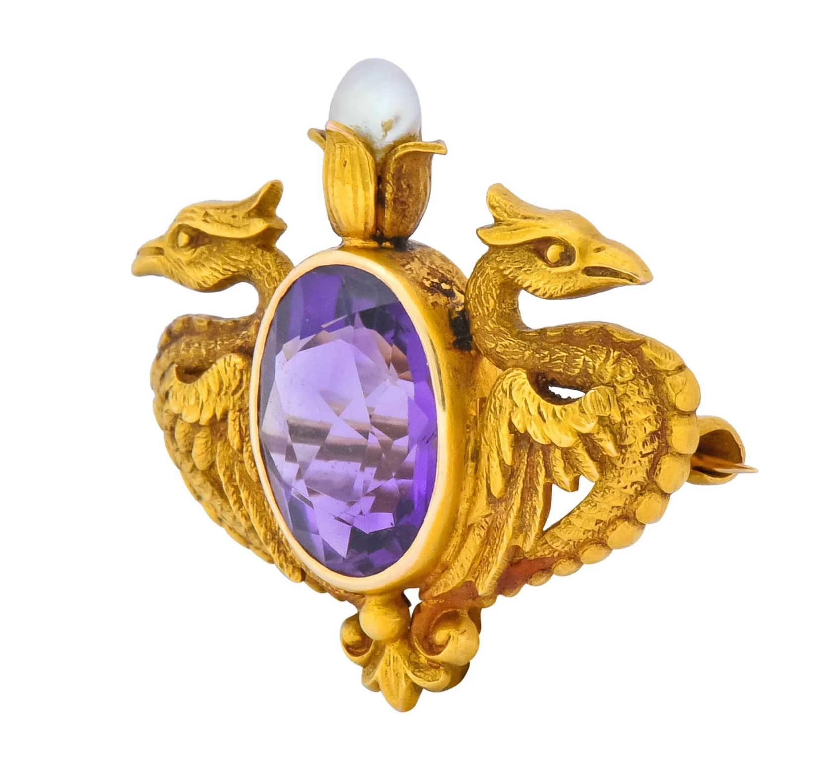 Carter & Gough Art Nouveau Amethyst Pearl 14 Karat Gold Winged Basilisk Brooch Circa 1900 - Image 2
