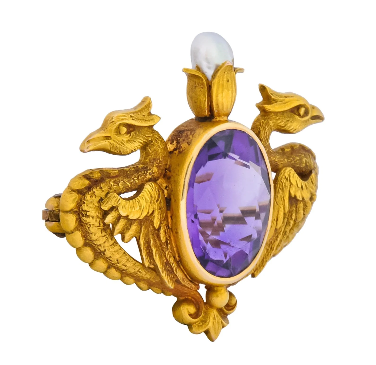 Carter & Gough Art Nouveau Amethyst Pearl 14 Karat Gold Winged Basilisk Brooch Circa 1900 - Image 3