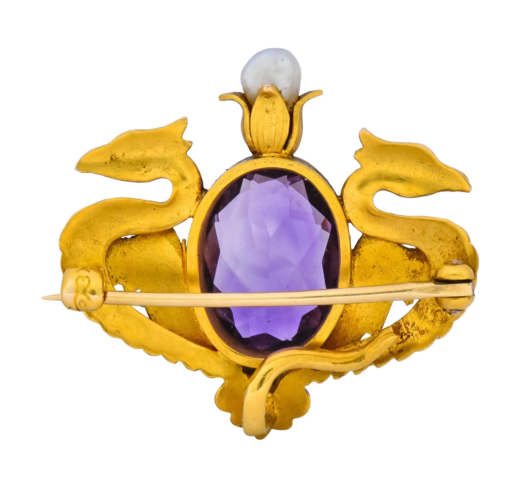 Carter & Gough Art Nouveau Amethyst Pearl 14 Karat Gold Winged Basilisk Brooch Circa 1900 - Image 4
