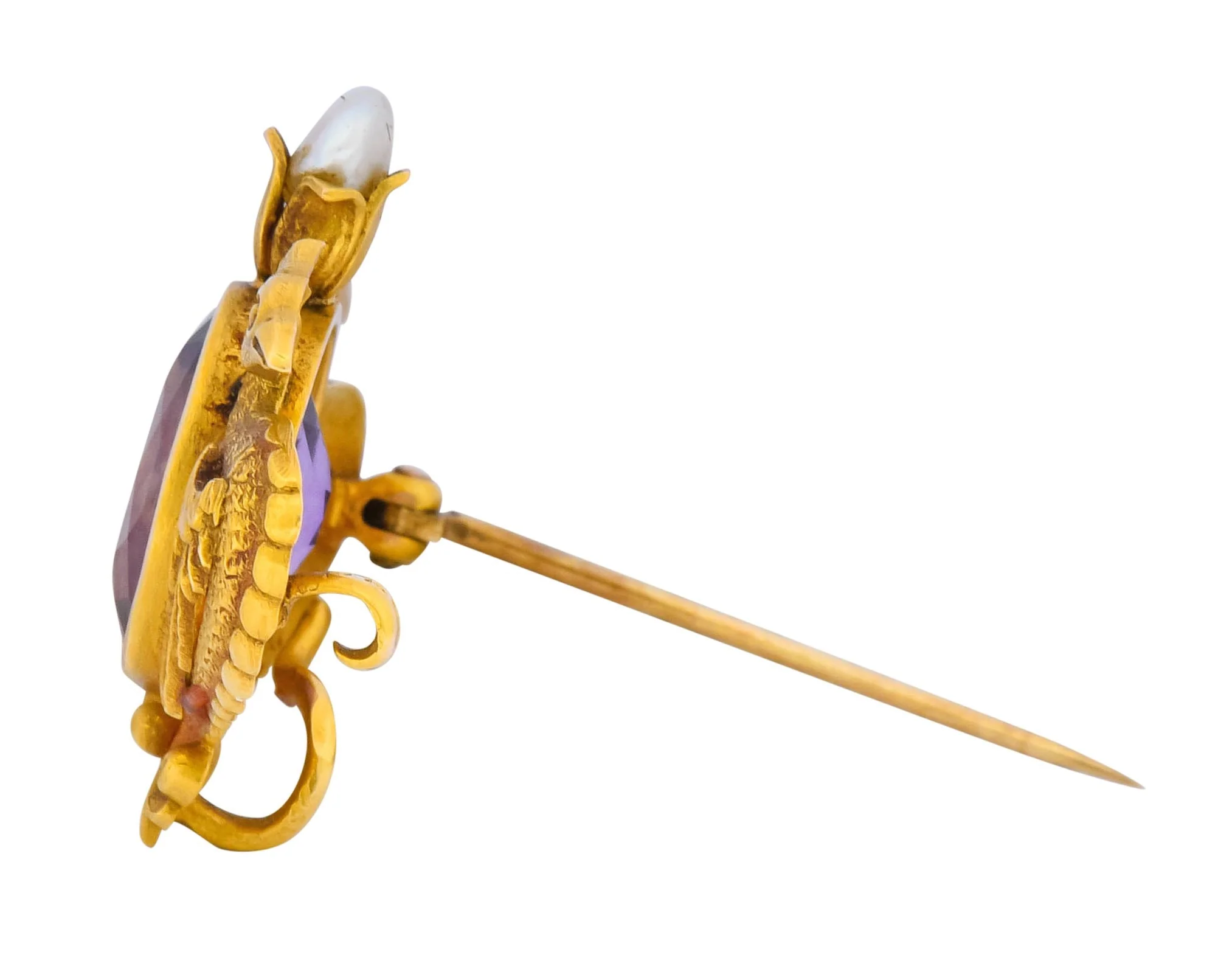 Carter & Gough Art Nouveau Amethyst Pearl 14 Karat Gold Winged Basilisk Brooch Circa 1900 - Image 5