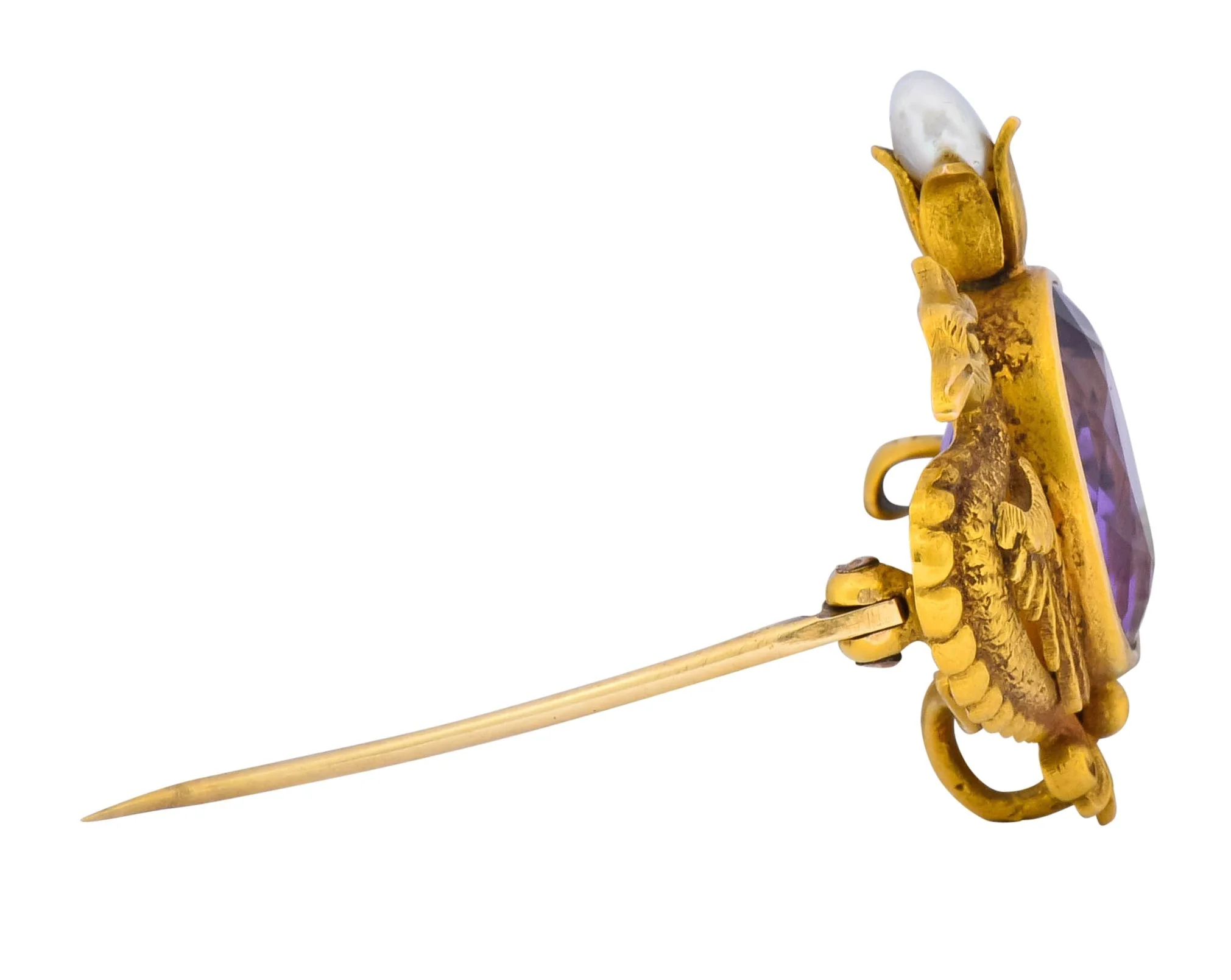 Carter & Gough Art Nouveau Amethyst Pearl 14 Karat Gold Winged Basilisk Brooch Circa 1900 - Image 6