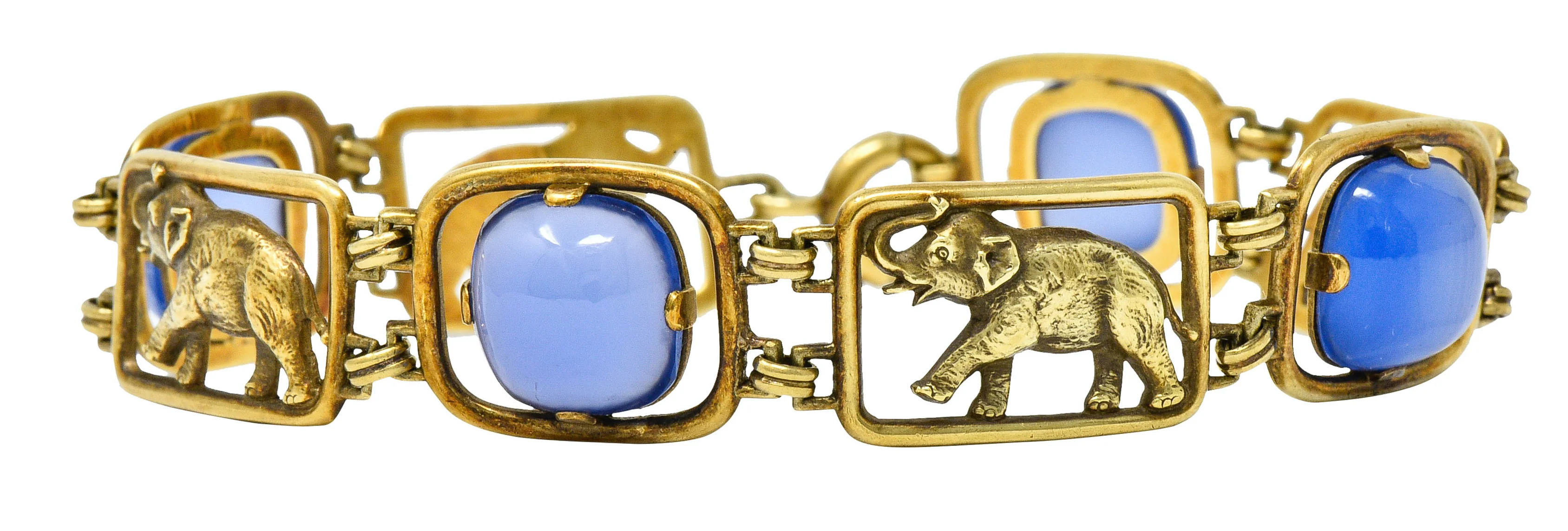 Carter & Gough Art Nouveau Chrysoprase 14 Karat Gold Elephant Link Bracelet - Image 3