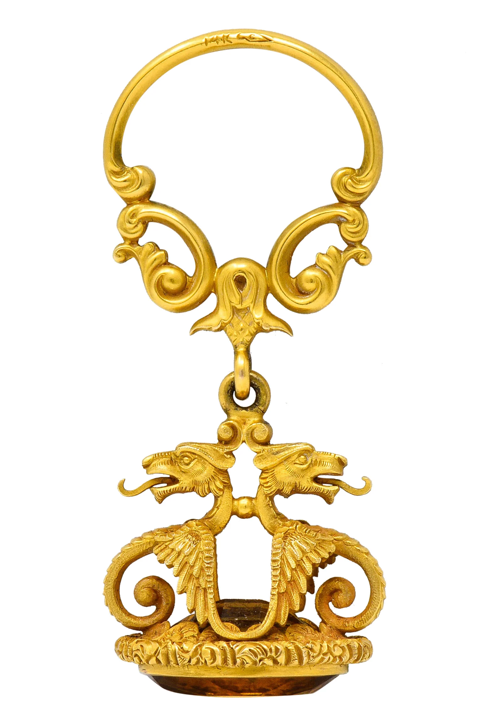 Carter & Gough Art Nouveau Citrine 14 Karat Gold Dragon Fob Pendant - Image 3
