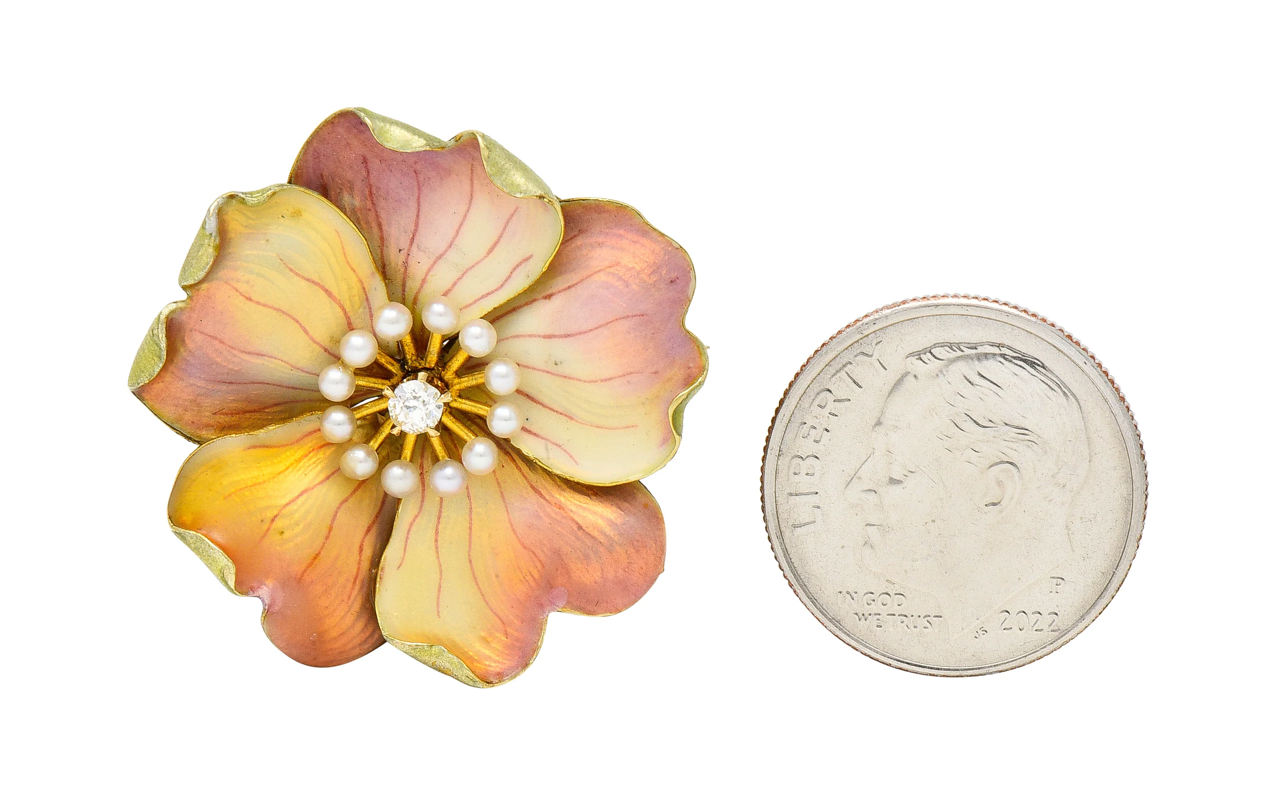 Carter Gough Art Nouveau Old European Cut Diamond Pearl Basse-Taille Enamel 14 Karat Yellow Gold Poppy Antique Flower Brooch - Image 8